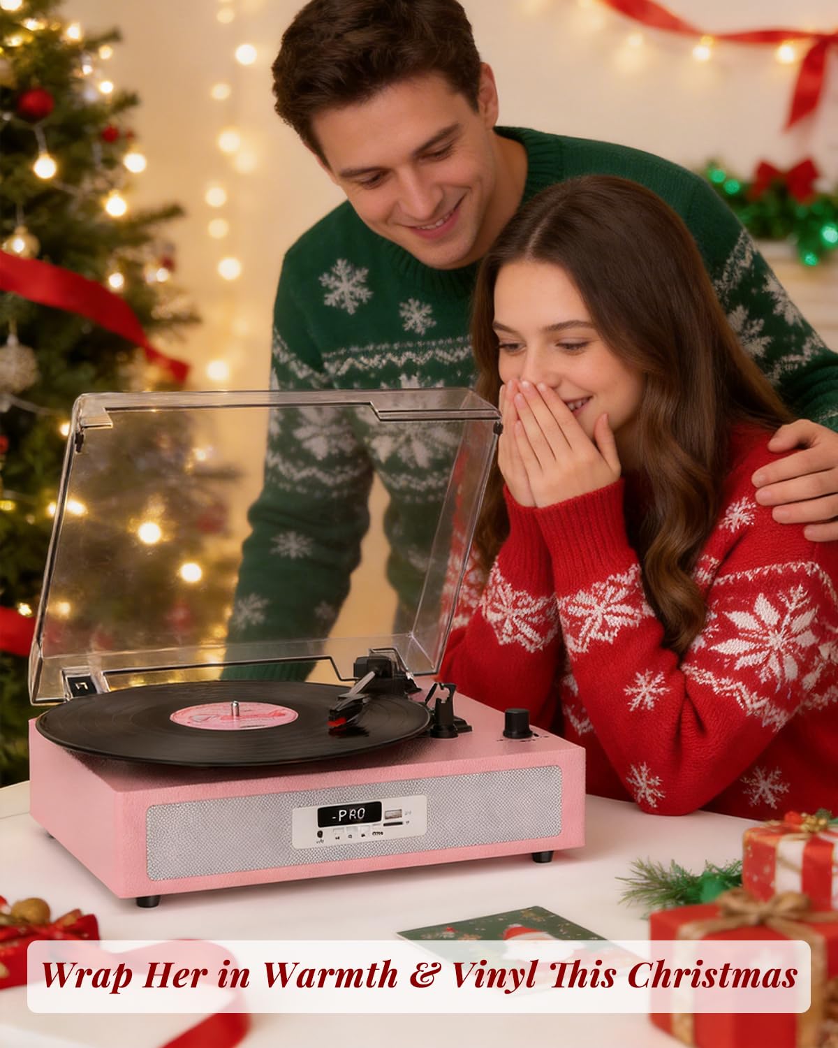 Giradischi in vinile con doppio altoparlante stereo integrato, giradischi vintage a 3 velocità, giradischi Bluetooth con modalità audio EQ, registrazione e riproduzione USB/TF, display LED
