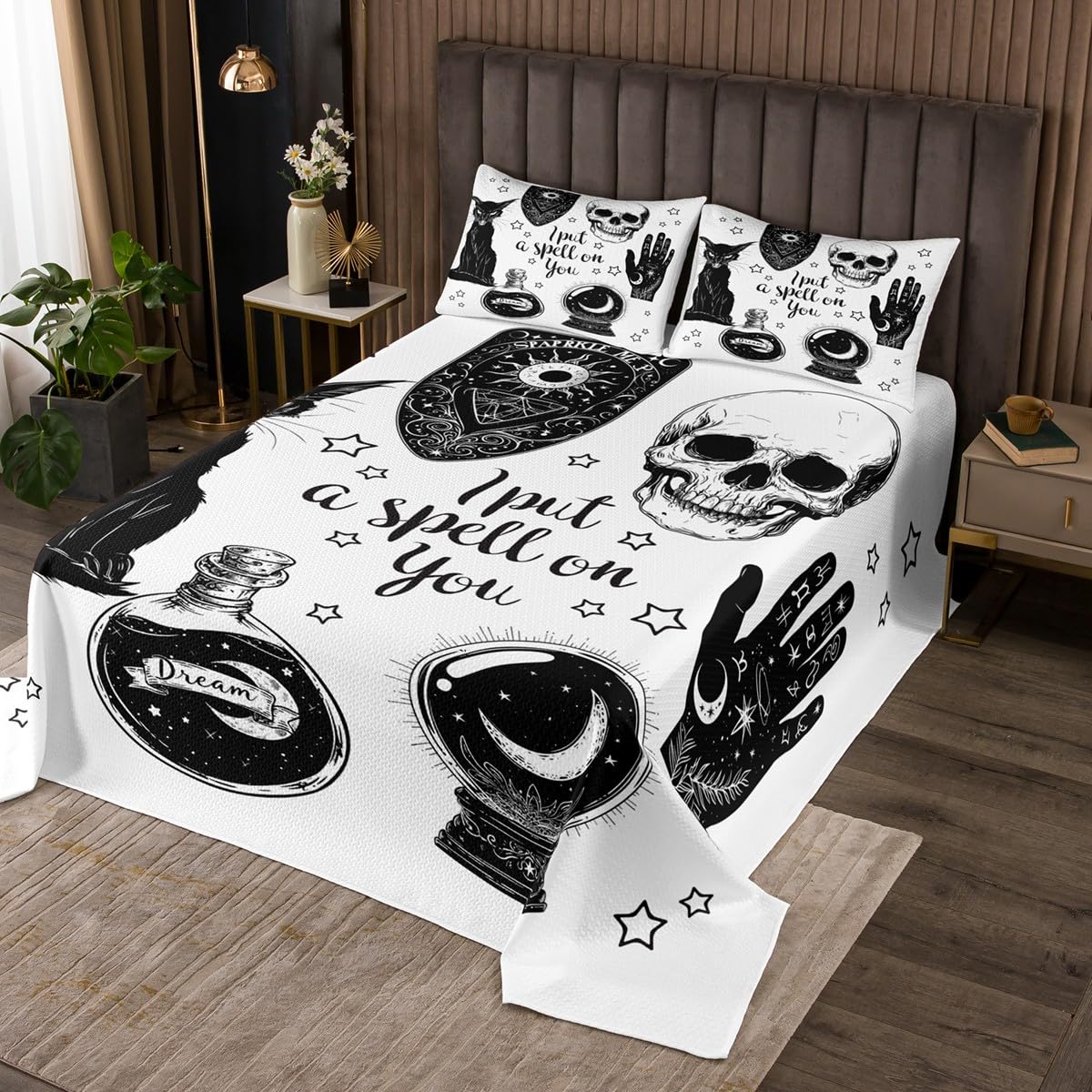 Mysterious Cat Coverlet Set Queen Size Gothic Skeleton Hand Bedspread for Bedroom Decor Boho Constellation Quilted for Teens Gift Magical Potion Bedding with 2 Pillowcases