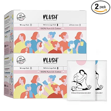 Plush Ultra-Thin Sanitary Pads For Women, 30 Cotton Sanitary Napkins- Pack of 2 | 14 Medium Flow XL + 16 Light Flow L + 4 Panty Liners For Rash Free Periods | Pure U.S. Cotton Pads With Disposable Pouch