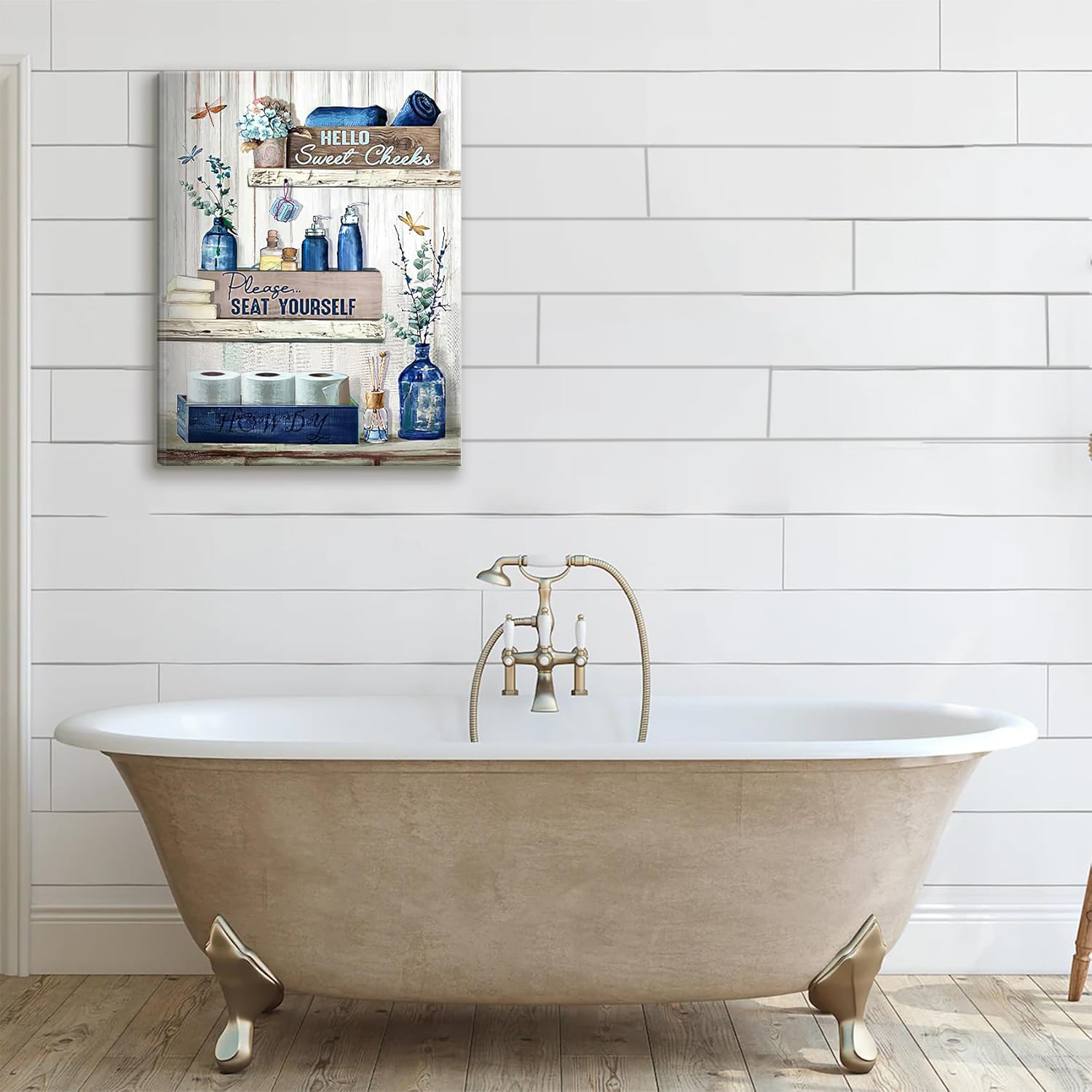 BJVJKSU Navy Blue Bathroom Decor Wall Art Rustic Blue Bathroom Canvas Wall Decor Please Seat Yourself Sign Print Painting Vintage Aesthetic Picture Artwork Decor(16x24in)