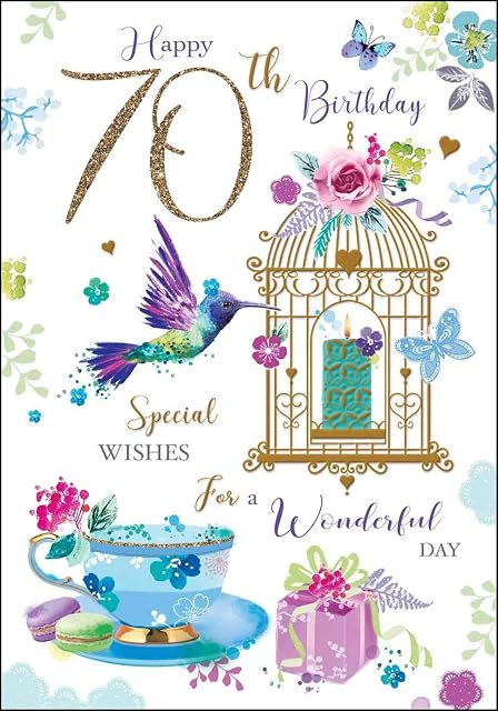 Greeting Card (JJ4061) Female 70th Birthday - French Fancies and Pink Flowers - Foil Embossed Finish