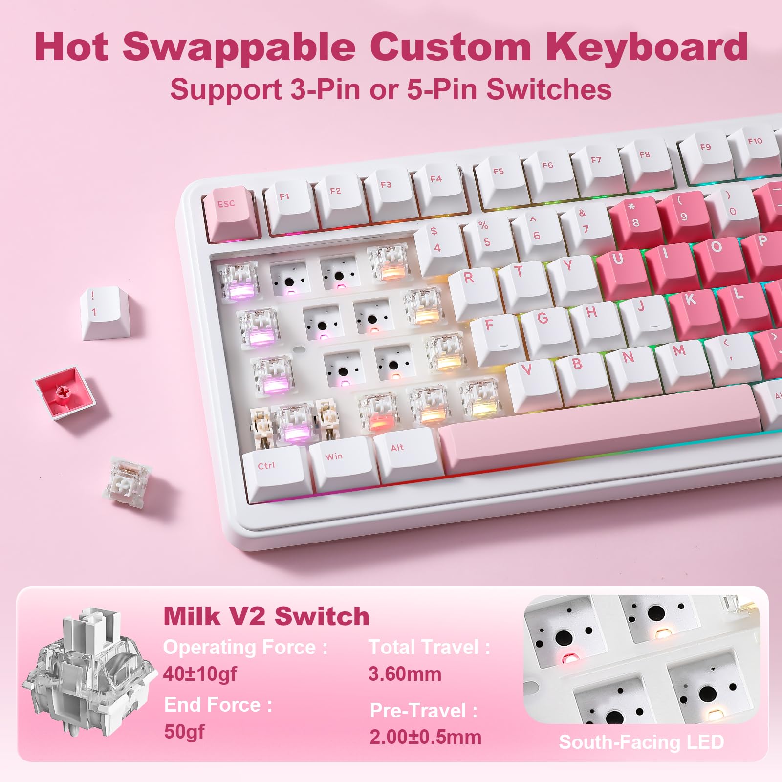 YUNZII B75 PRO MAX Tastiera Meccanica Wireless, Layout 75% con Schermo TFT e Rotelle, Gasket Hot-swap Switch Pre-lubrificati, QMK/VIA, BT/USB-C/2.4G per Win/Mac (Cuore Bianco, Milk V2 Switch)