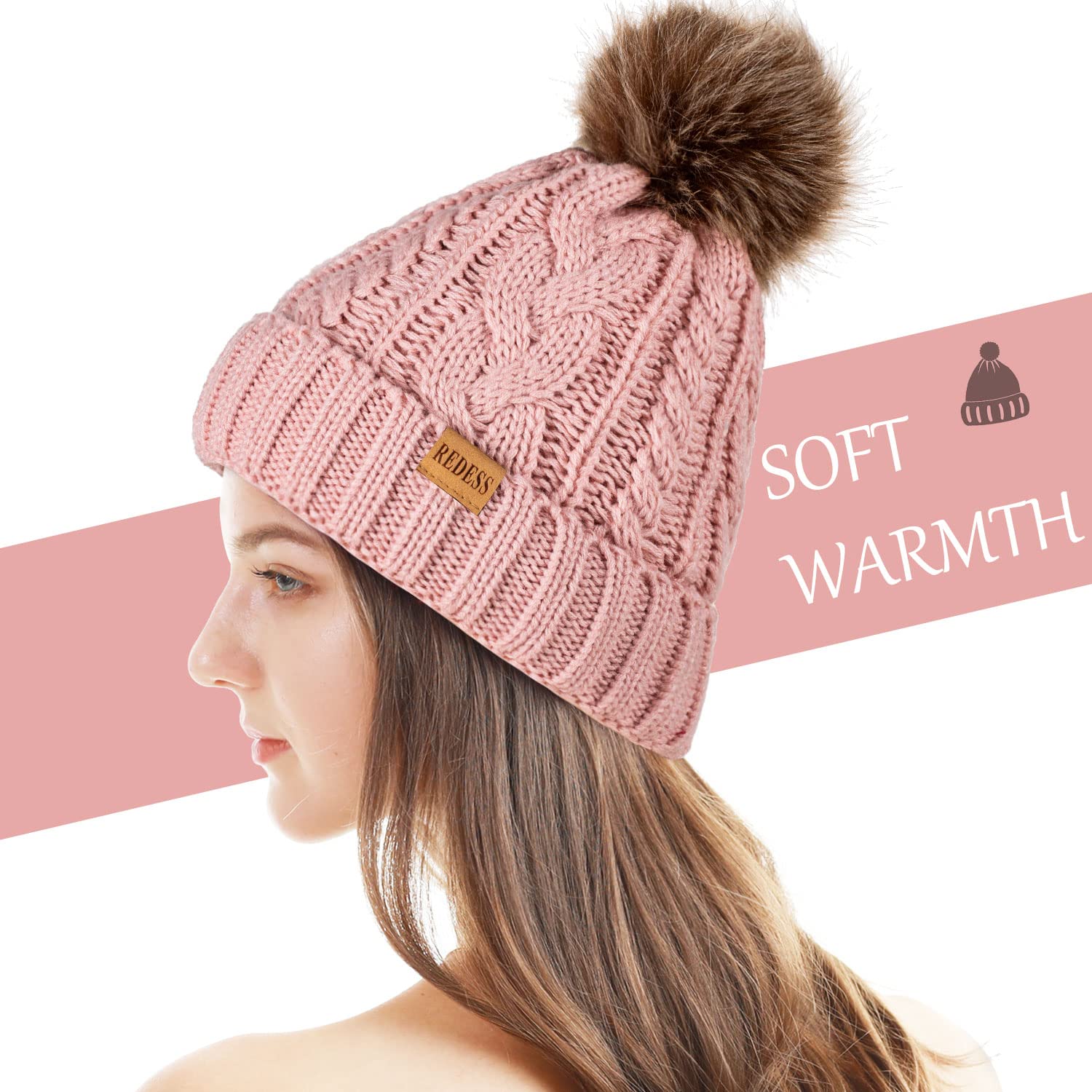 REDESS Cappello Invernale da Donna con Pom Pom Beanie Caldo Foderato in Pile Spesso Slouchy Snow Knit Chunky Baggy Skull Berretto da Sci