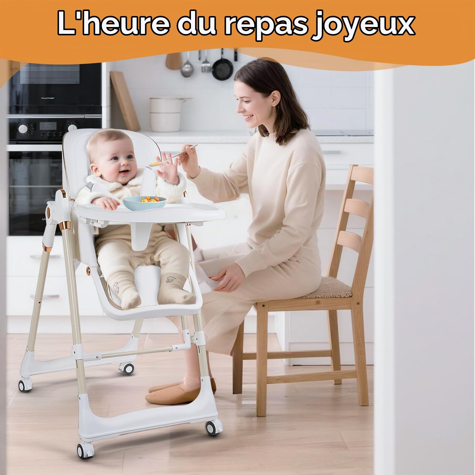 Chaise Haute 3 en 1, pour Bébé Ergonomique, Confortable, Inclinable, Pliable, avec Hauteur Réglable, Repose-Pieds, Plateau Amovible, Harnais 5 Points, 0 à 20 kg (Blanc)