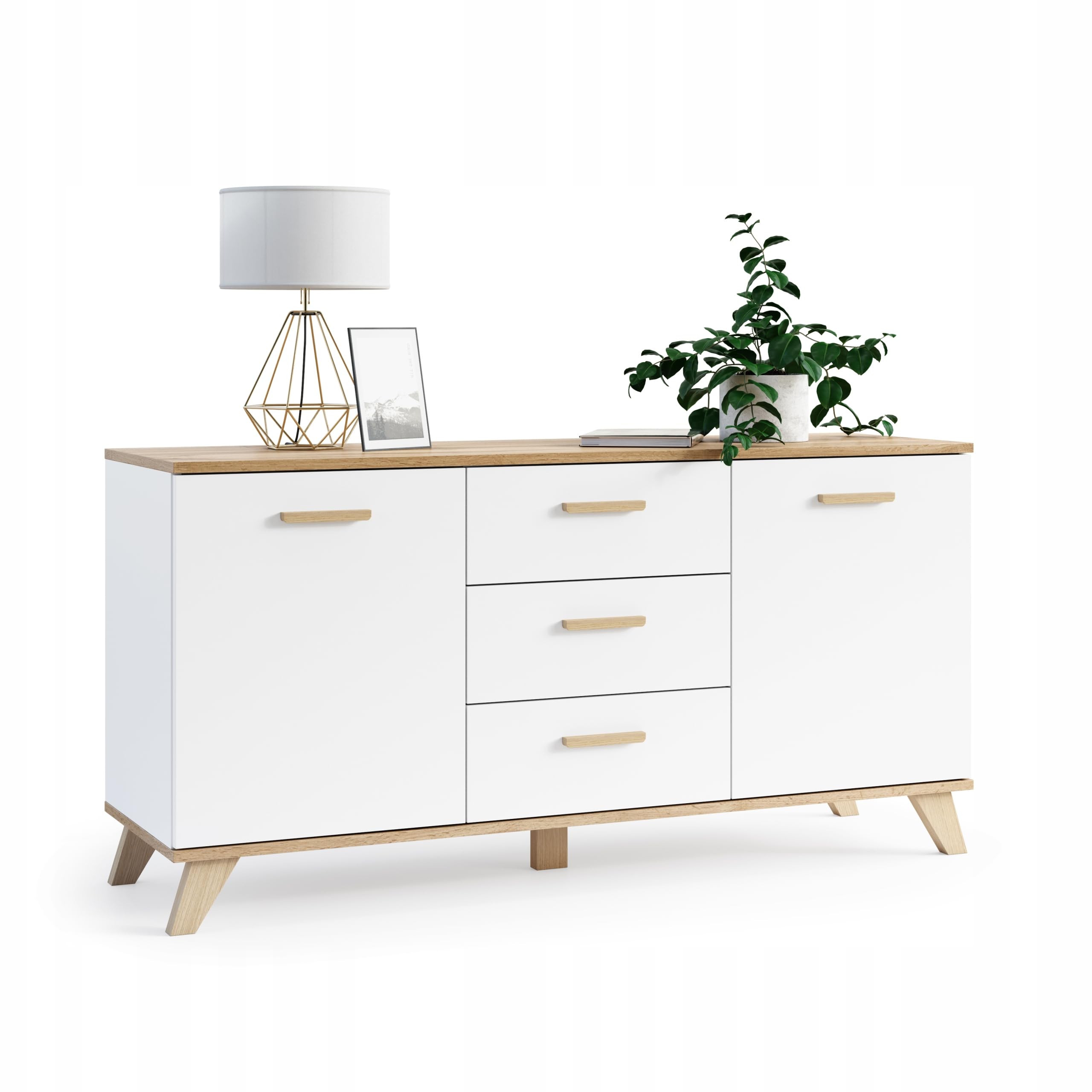 VBChome Cómoda con 3 cajones y 2 puertas, 120 x 40 x 75 cm, roble blanco, tiradores de cajón, de madera, para pasillo, dormitorio, salón, habitación infantil