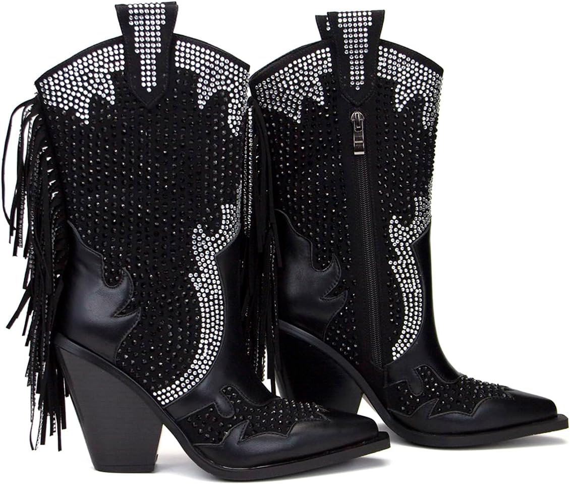 Feinlina Women's Pointed Toe Chunky Heel Mid Wide Calf Boots Rhinestone Western Cowboy Boots With Tassel