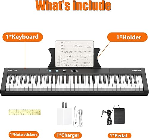 Miniatura 6 de Teclado de piano, teclado de 61 teclas para principiantes y niños con cargador de auriculares y pedal, teclado eléctrico portátil para enseñanza