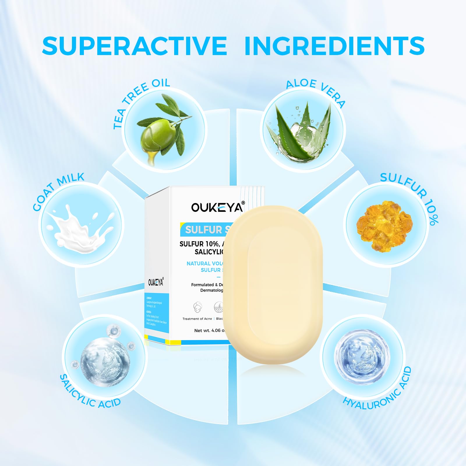 OUKEYA 10% Mydło Siarkowe, Mydło z Mlekiem Koziem, Kwas Salicylowy, Olejek Z Drzewa Herbacianego, Aloes, Antybakteryjne, Łagodzące, Głęboka Pielęgnacja, Naprawa Bariery Skórnej, 115g