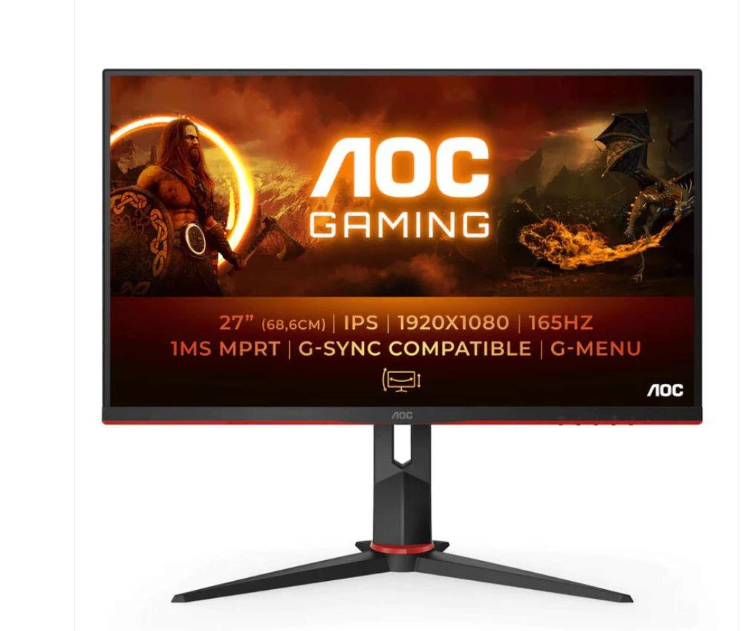 AOC 27G2SP 27"W IPS Technology Gaming Monitor, 1920x1080, 1MS, 165HZ, AMD FreeSync Premium, 2xHDMI+VGA+Display Port, 100x100mm VESA, Height Adjustable