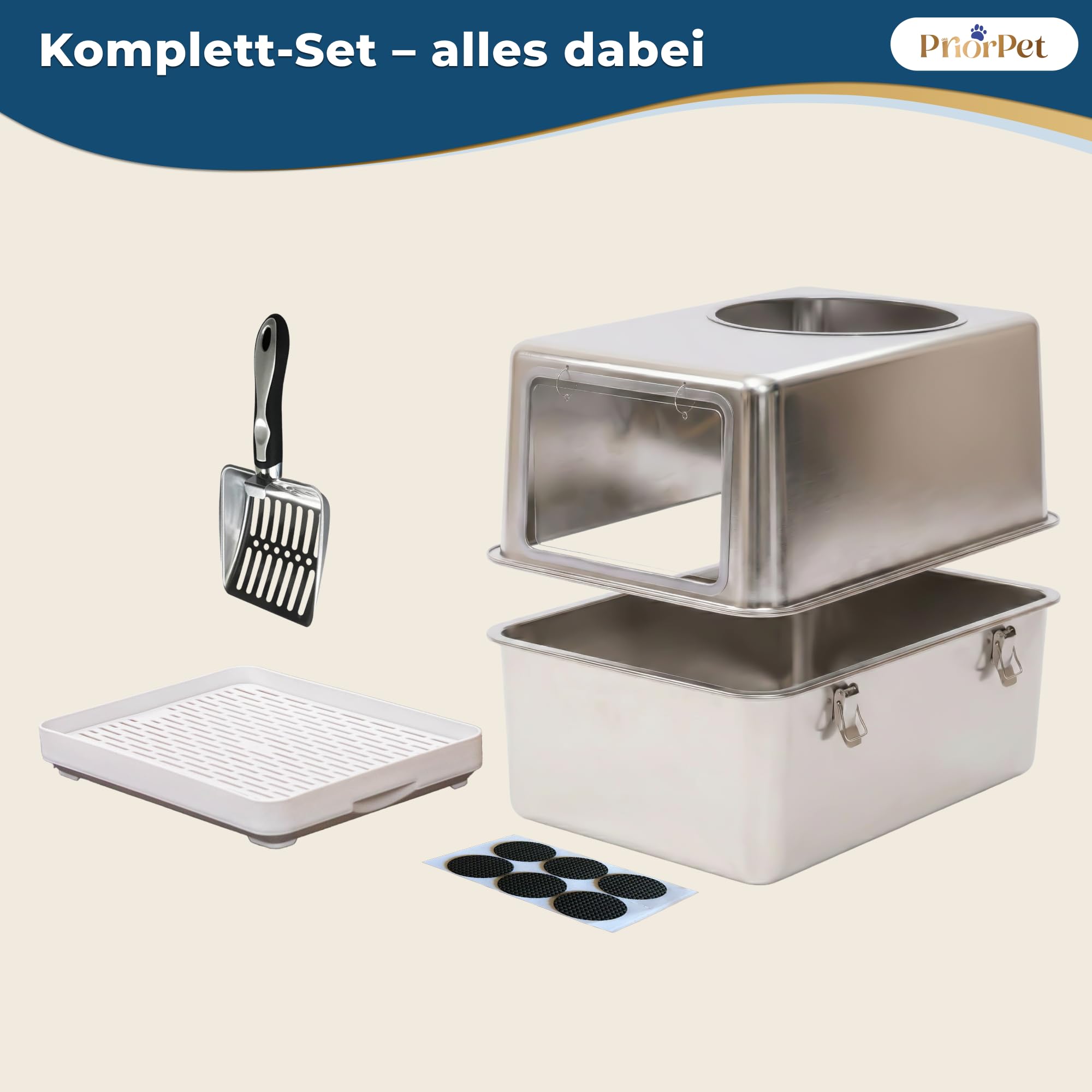 Katzenklo Edelstahl XXL mit Deckel – Katzenklo mit Frontklappe & Top-Einstieg – 38L Katzentoilette Edelstahl – 60x41,5x40 cm – Leicht zu Reinigen & Geruchsresistent mit Streufang-Stufe