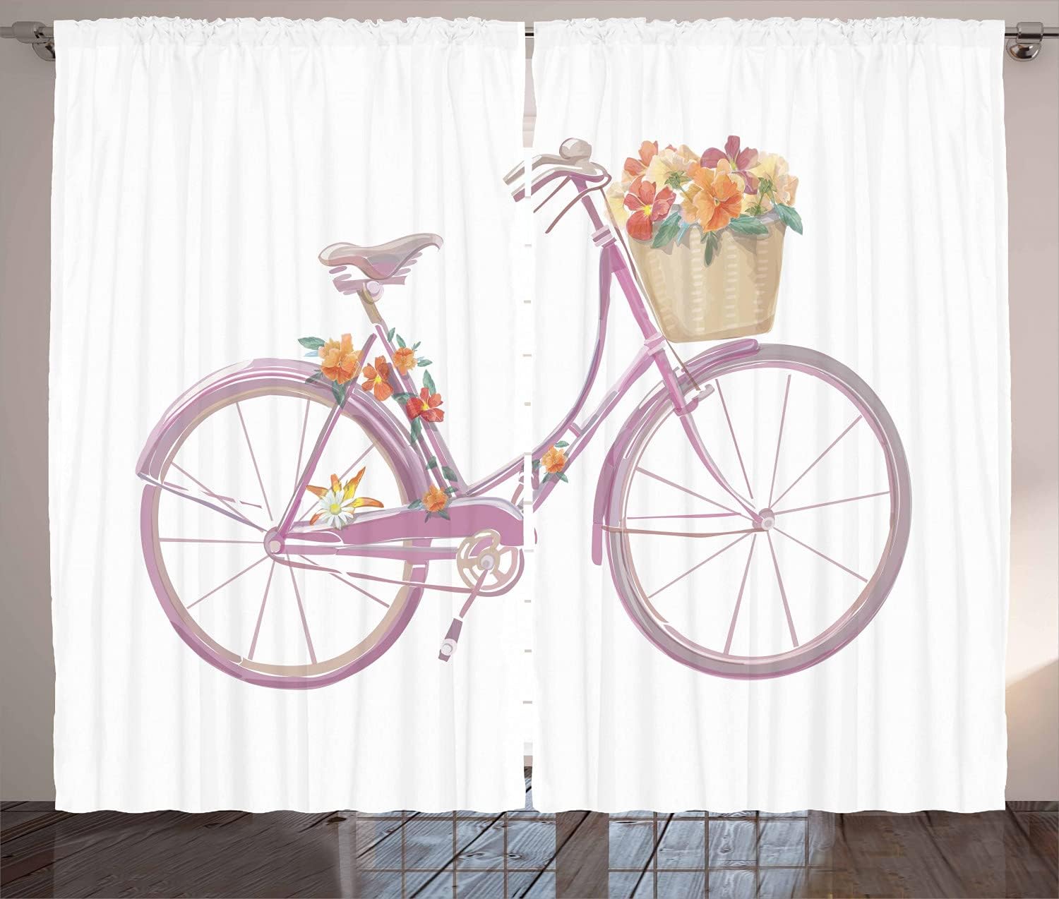 Ambesonne Bicycle Curtains, Watercolor Illustration of a Pink Bicycle with Flowers Romantic Vintage, Living Room Bedroom Window Drapes 2 Panel Set, 108" X 90", Mauve Tan