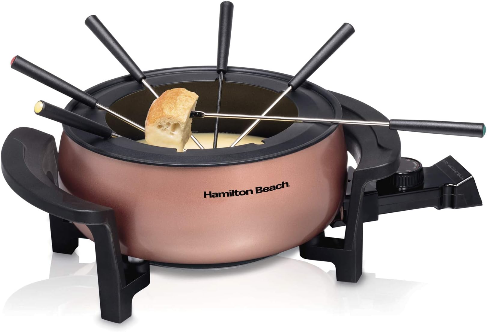 Hamilton Beach 12 Cup Electric Fondue Pot Set with Temperature Control, 6-Color Coded Forks, for Cheese, Chocolate, Hot Oil, Broth, 3 Quarts, Copper (86201)