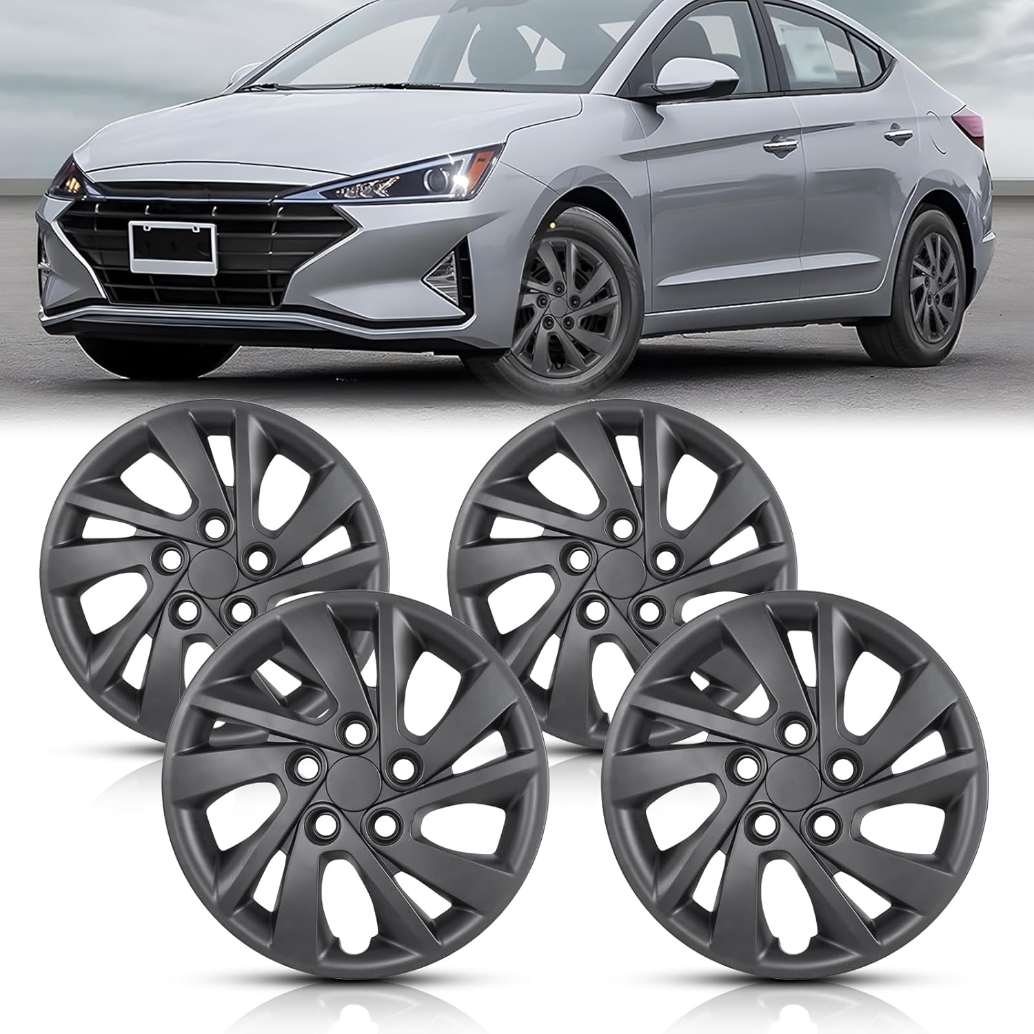 WolfX 15 Inch Hubcaps Set of 4 Wheel Rim Cover for Hyundai Elantra Sedan 2017-2020 (Only Fit for Steel Hub) PP Material Wheel Rim Hub Cap Replacement, (5096G, Black Matte)