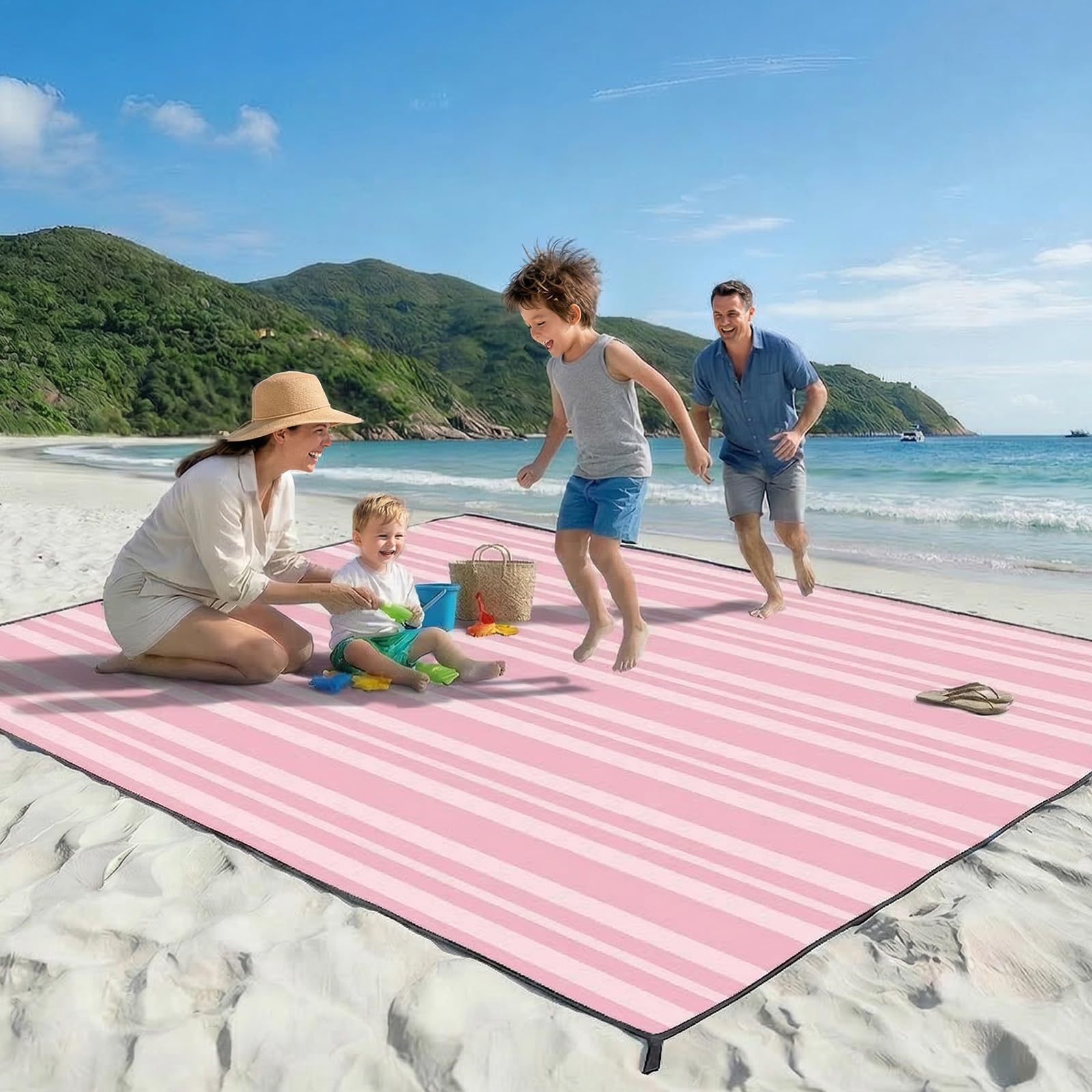 Beach Blanket Sandproof Waterproof, 213 x 244 cm Large Beach Mat with Stakes & Travel Bag, Lightweight,Quick-Dry