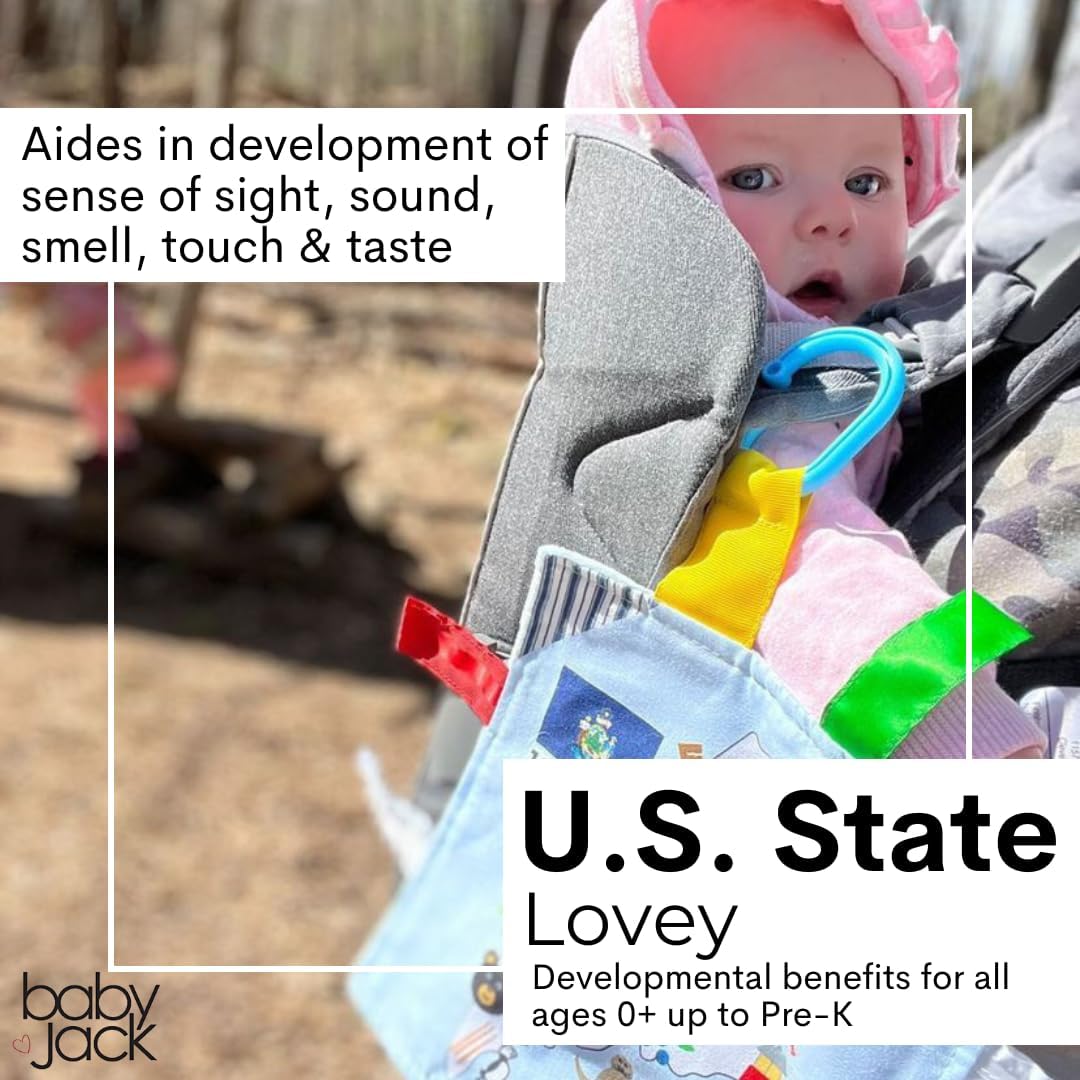 Baby Jack & Co 8x8” Learning Lovey Arkansas State Tag Stroller Toy for Babies - Crinkle Toys for Developing Five Senses - Learn About Capitals - Travel with Baby Jack - BPA Free Clip