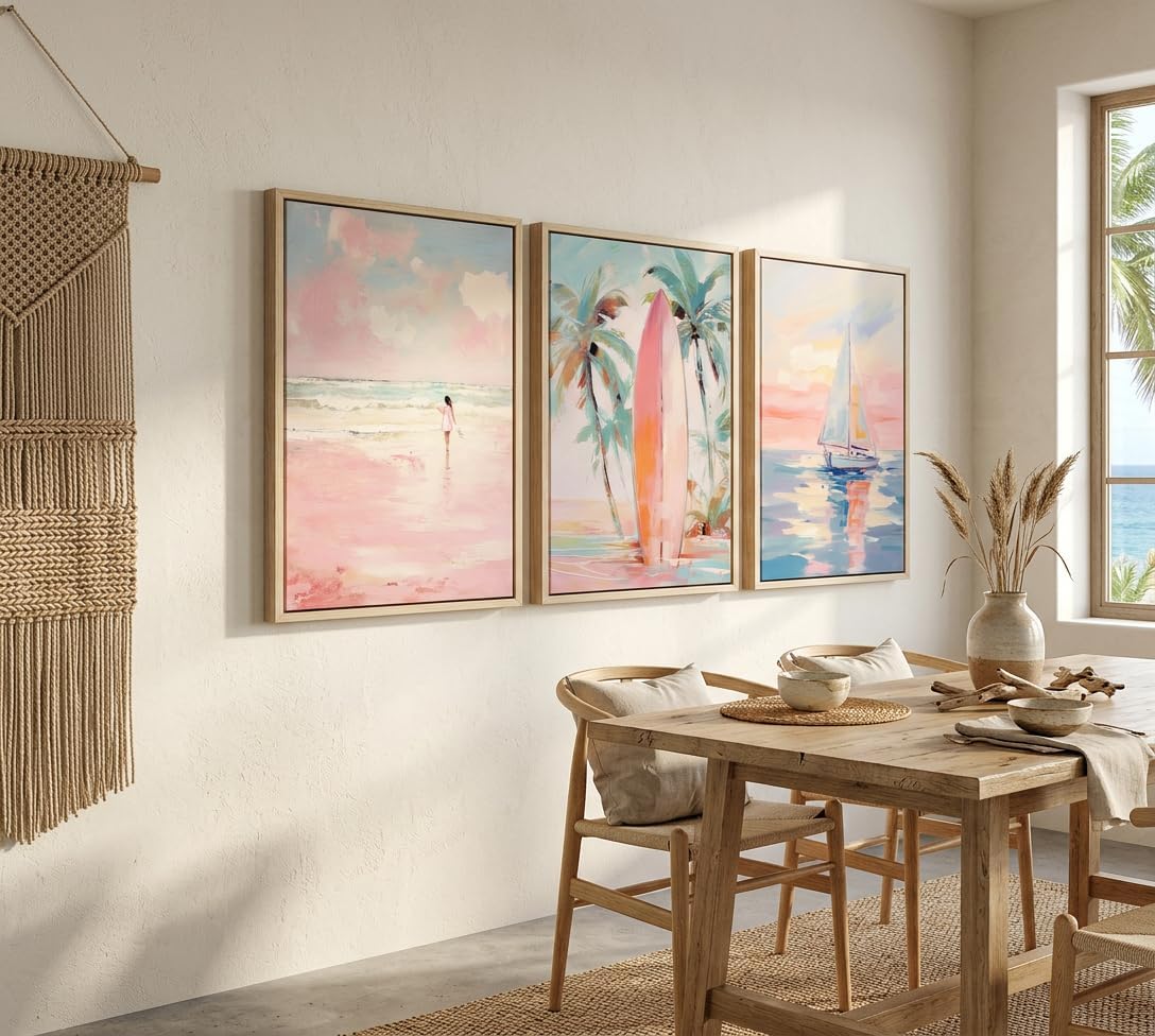 KKJ Pink Coastal Canvas Wall Art Set of 3, 16x24 Unframed Prints, Sailboat Surfboard Beach Posters for Teen Girls Dorm Room Bedroom Apartment Decor