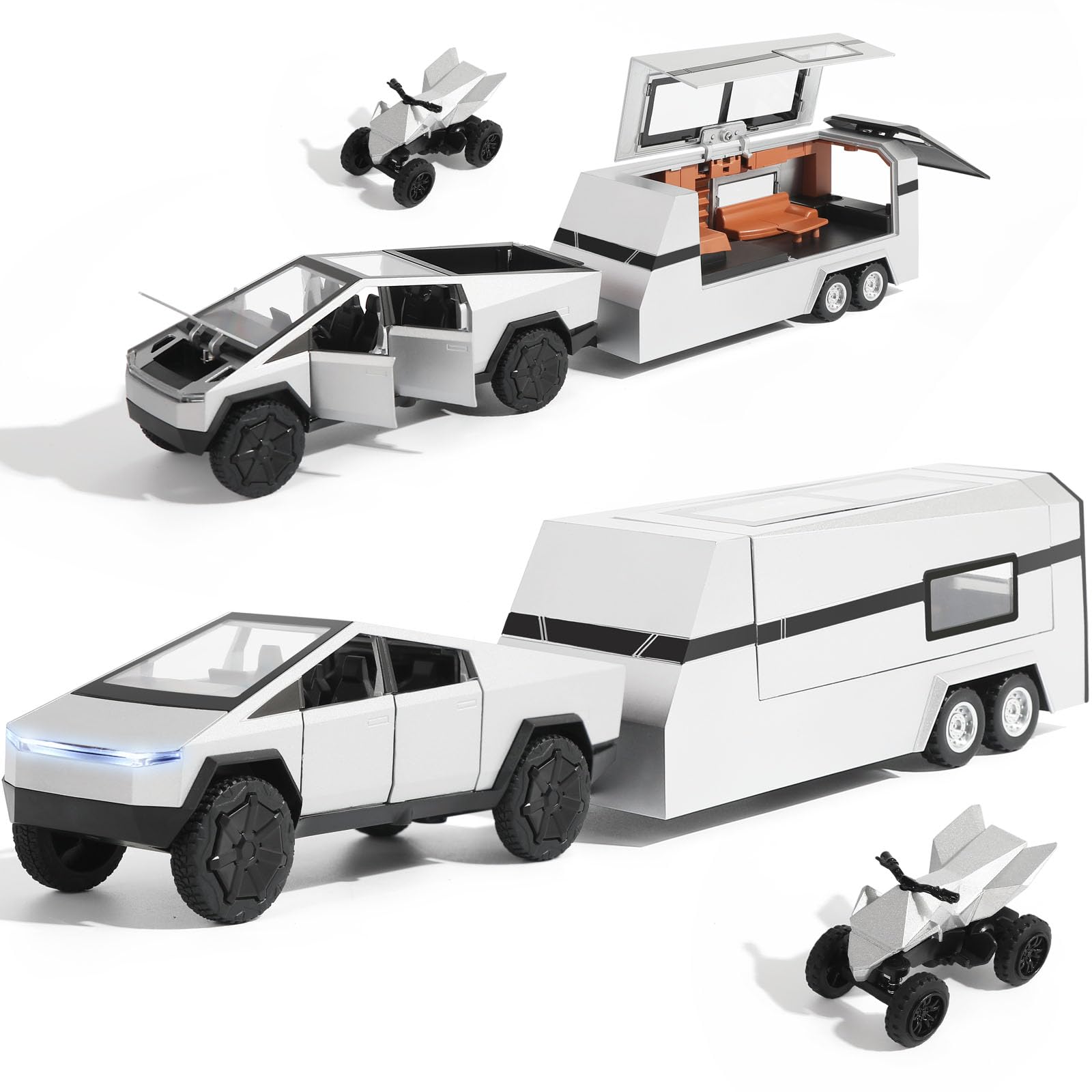 1/32 Alloy Diecast Toy Truck and Trailer Set, Car Trailer Model with Lights and Sound, Pull Back Feature, Truck and Trailer Toys for Boys, Perfect Birthday for Boys (Silver)