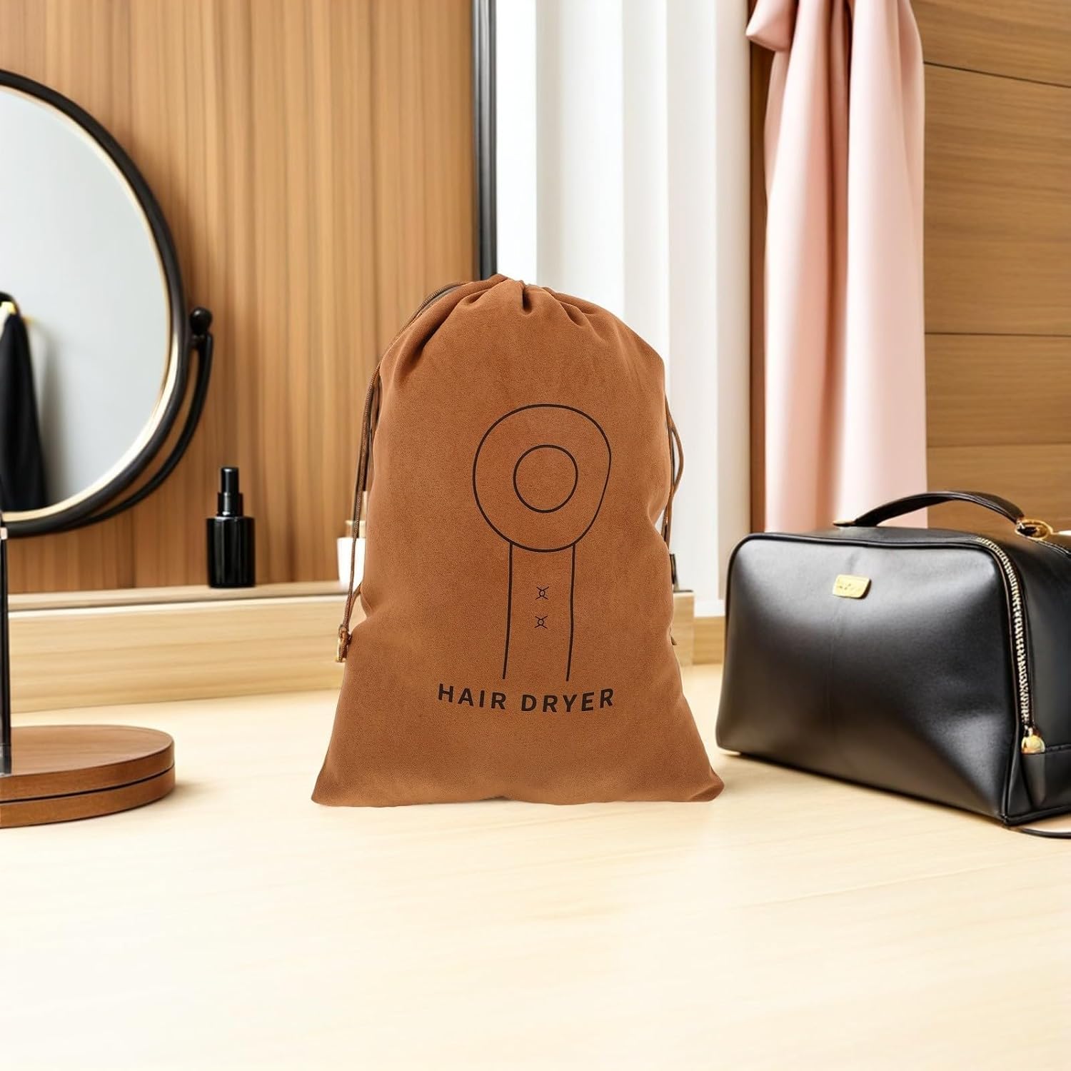 4pcs Suede Blow Dryer Storage Bag 33x23cm Dust Cover Pouch | Reusable Drawstring Closure, Beige Finish, Protects from Scratches, Dust and Moisture, Home Salon Travel Use