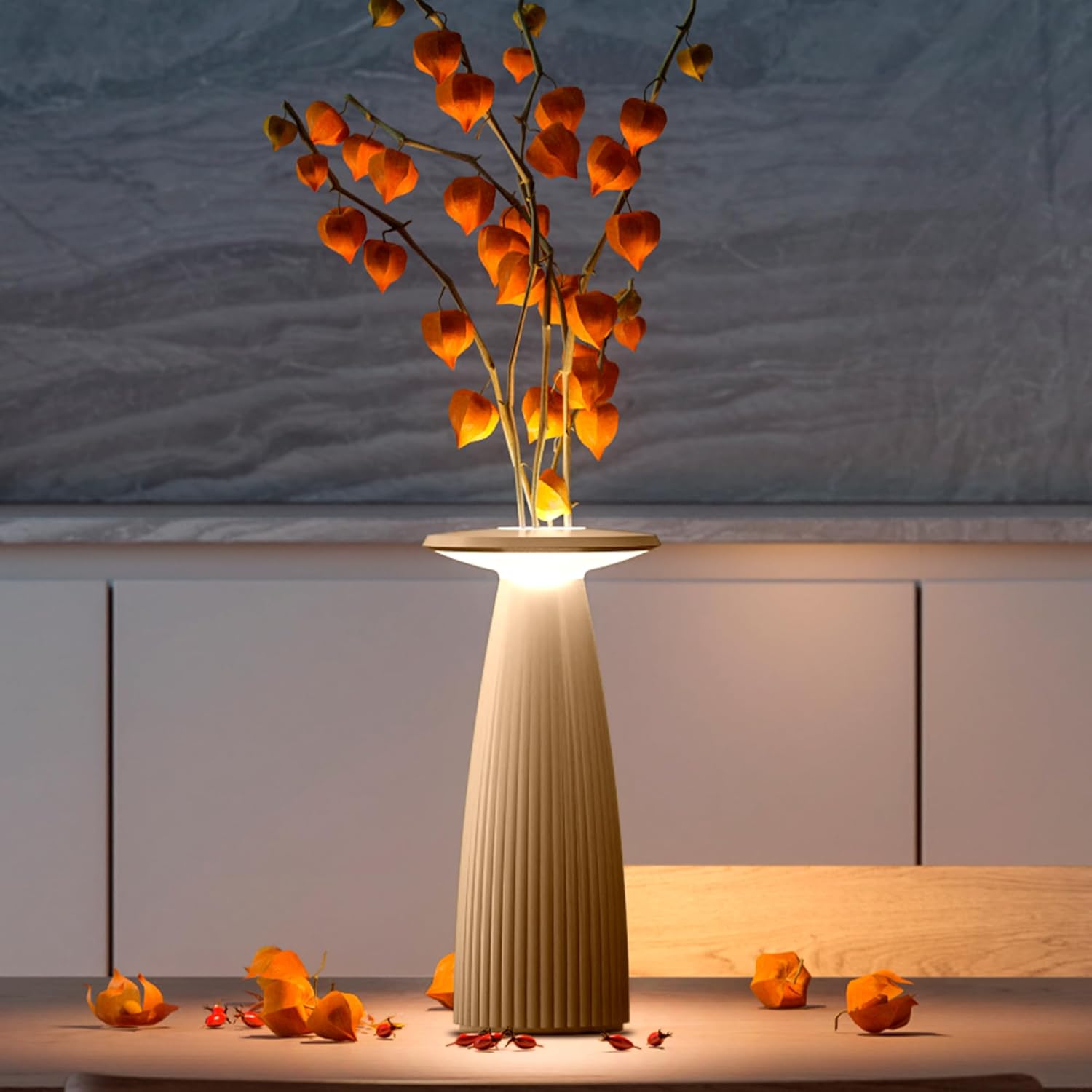 2-in-1 Cordless Table Lamp - Flora MINI, Vase Lamp with Magnetic Charging, Dimmable & Adjustable Lighting, IP65 - Rechargeable LED Lamp for HoReCa, Living Room, Outdoor Use (Sand)