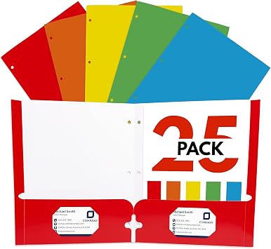 Paper Pocket Folders with 3 Holes for 3 Ring Binders, 2 Pockets with Business Card Slot, Letter Size, Assorted 5 Colors, Bulk Pack for School & Office Use, Report & Presentation Folders 25