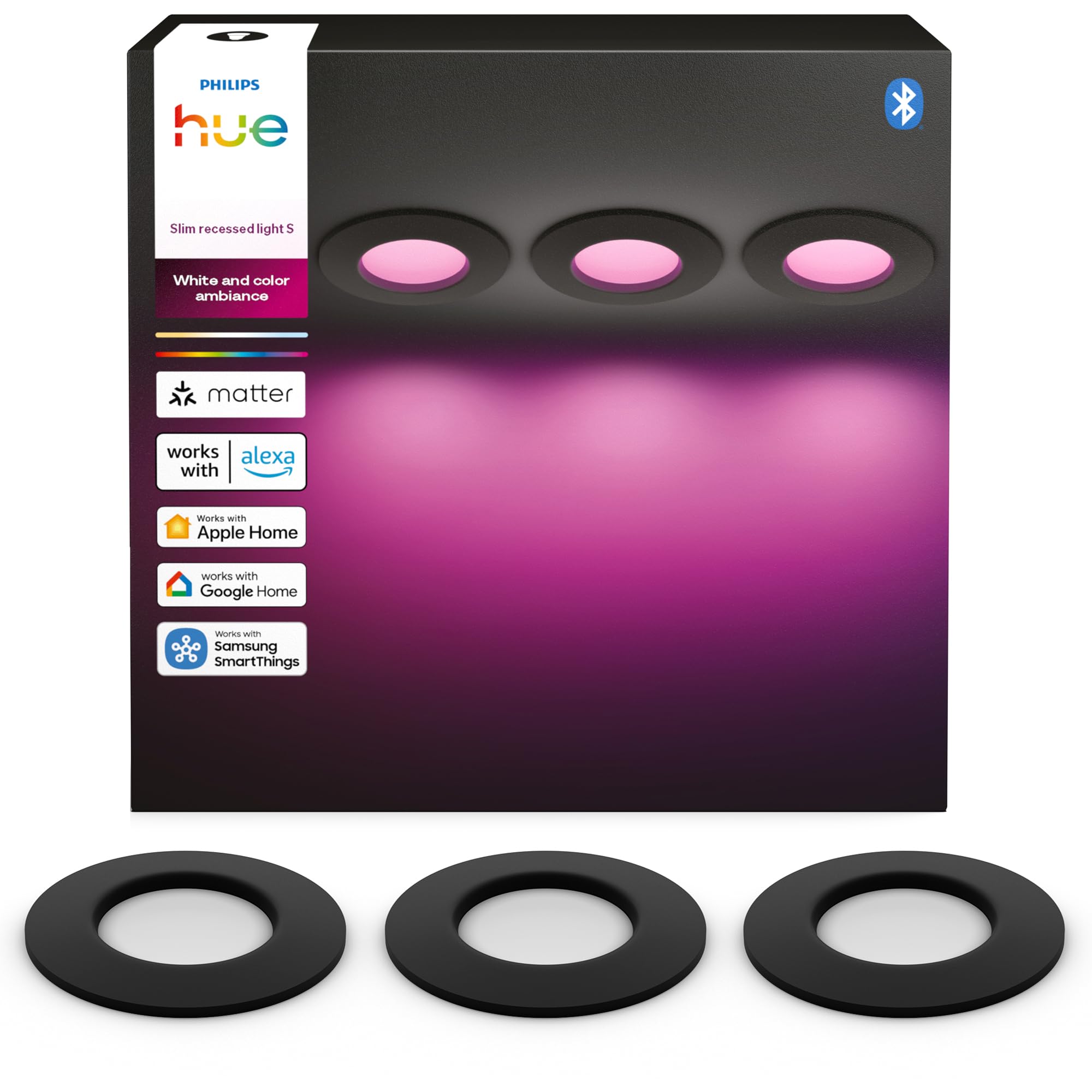 Philips Hue Slim Downlight Podtynkowa Lampa Sufitowa LED 1000 lm 90 mm Pełne Spektrum 1000–20000 K Ultraniskie Przyciemnianie Precyzyjne Kolory Inteligentne Oświetlenie Czarny 3 Szt.