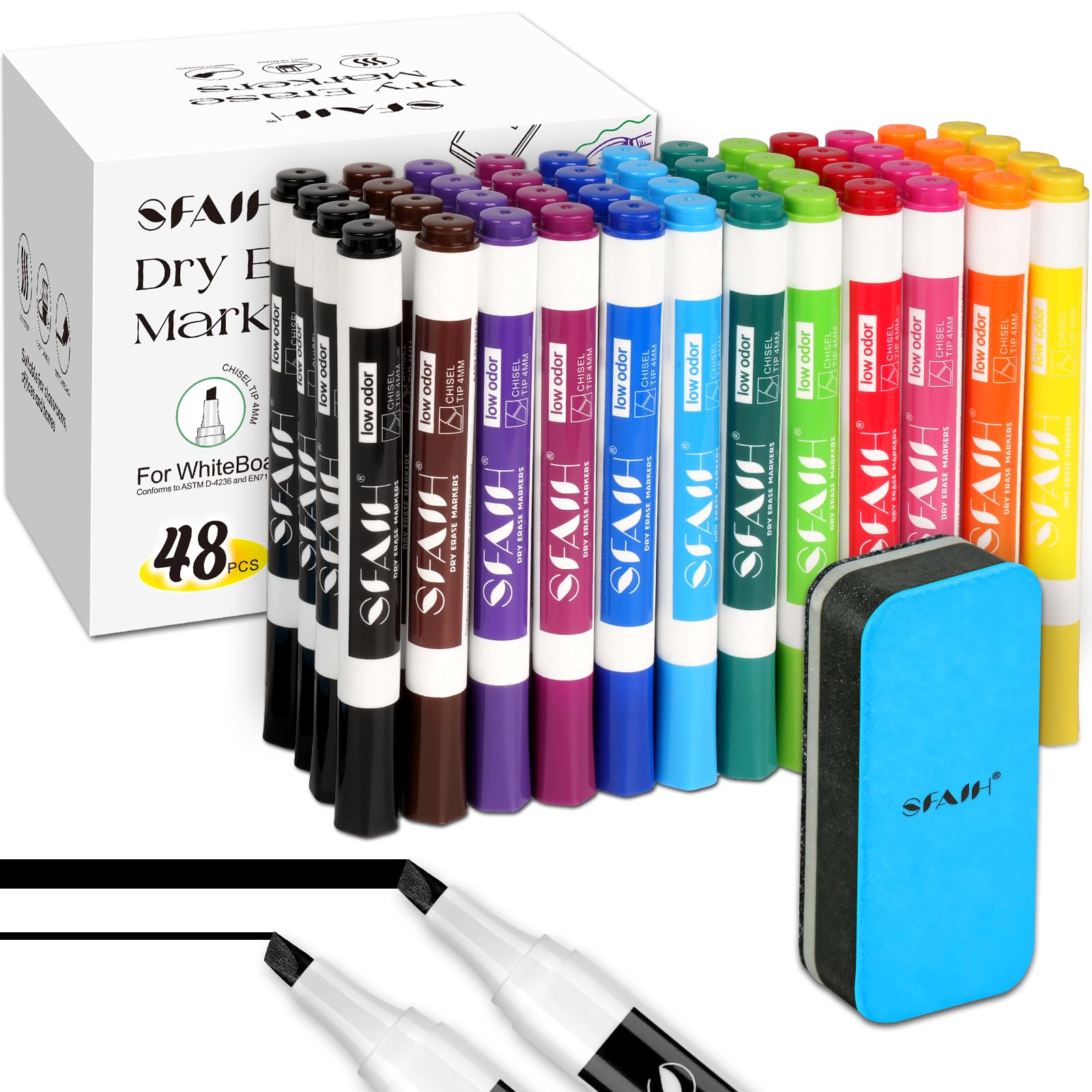 SFAIH Dry Erase Markers Chisel Tip with Magnetic Whiteboard Eraser 48 Bulk 12 Colors White Board Markers for