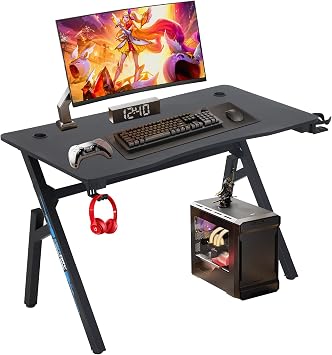 BestOffice | 47 Gaming Desk | Blue | Carbon Fiber Textured Computer Desk | Sturdy Steel Frame, Cup Holder, Headphone Hook, Cable Management Holes, Adjustable Leg Pads | for Gamers, Home, Office