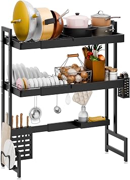 Over The Sink Dish Drainer Drying Rack, 3 Tier Stainless Steel Over Sink Dish Drying Rack Adjustable Length 25.22"-39.4", Kitchen Sink Drying Rack for Counter Black