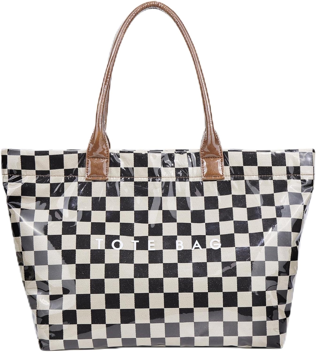 idoltimes Checkered Tote Bag for Women,Trendy Print Handbag,Large Capacity Waterproof Plastic Shoulder Bag,Canvas Lining
