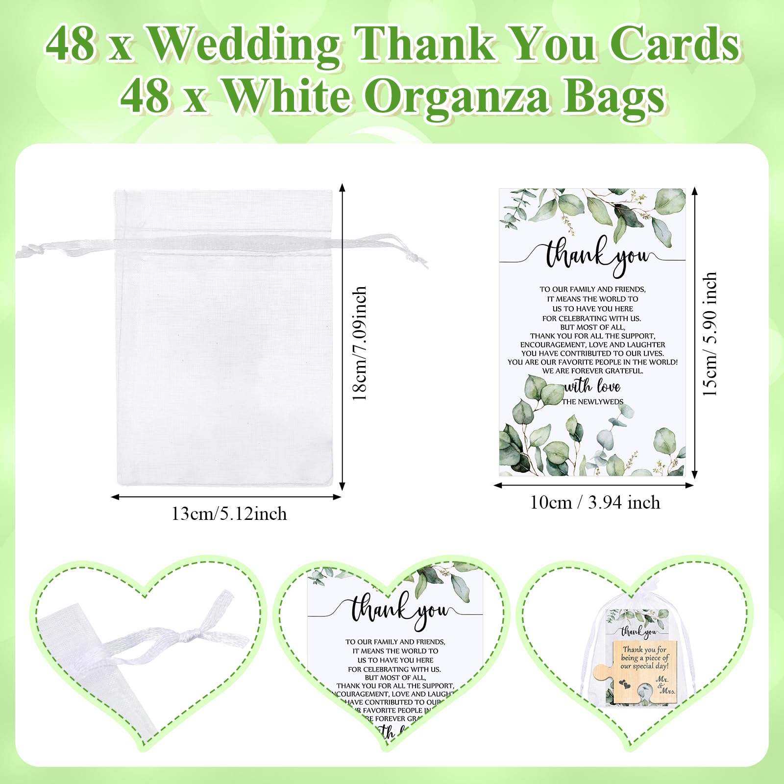 Uiifan 48 Sets Hochzeitsgeschenke für Gäste, 48 Puzzleteil-Untersetzer, Bambus-Untersetzer, 48 Hochzeits-Dankeskarten und Organza-Beutel, Hochzeitsgeschenke, Brautpartys, Gastgeschenke für Gäste,