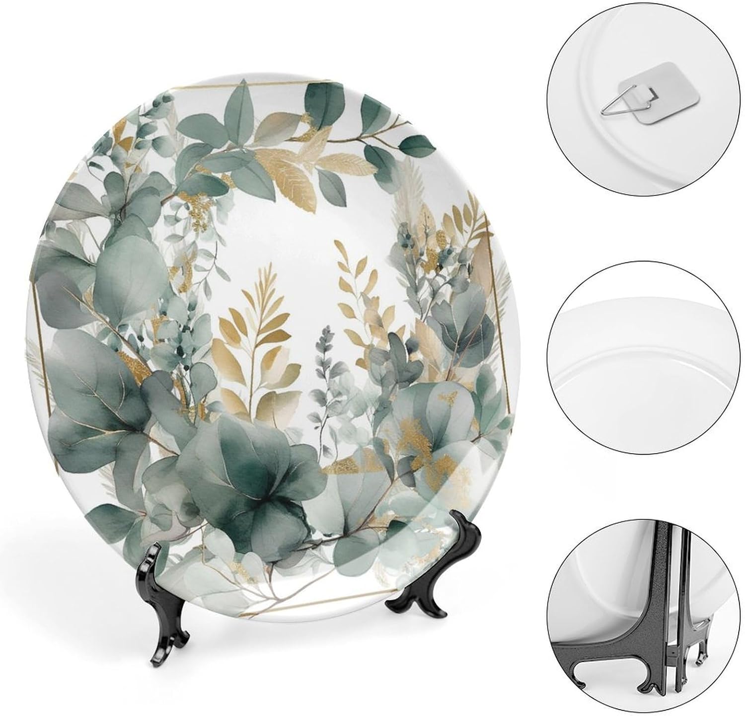 Bone China Decorative Plates Gold And Green Leaves Ceramic Decorative Plate Wall Decor with Display Stand Ceramic Ornaments for Wall Hanging Decoration