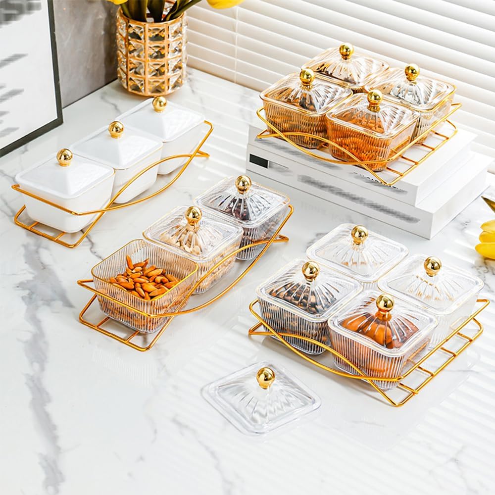 Set of 3 Clear Serving Bowls with Lid and Gold Basket Tray, Removable Nut Serving Platter Snack Box for Chips, Charcuterie, Fruits, Candy and Condiments (White-C Base)