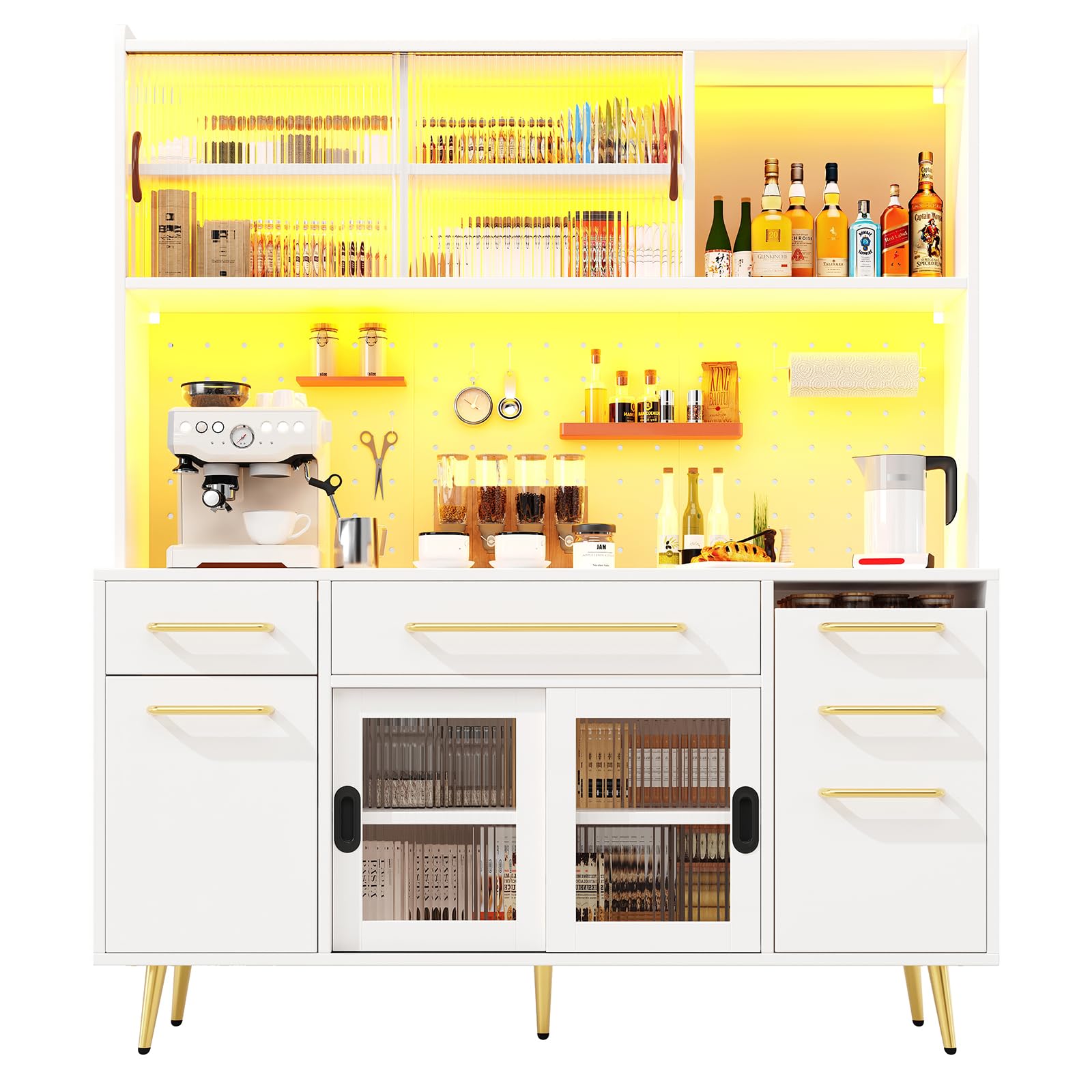 Yihomfy 180cm Meuble Cuisine-Garde Manger de Cuisine Arqué de Haut, Armoire de Rangement en Bois Style Ferme Moderne avec 3 Grands Tiroirs et Étagère Ouverte pour Cuisine