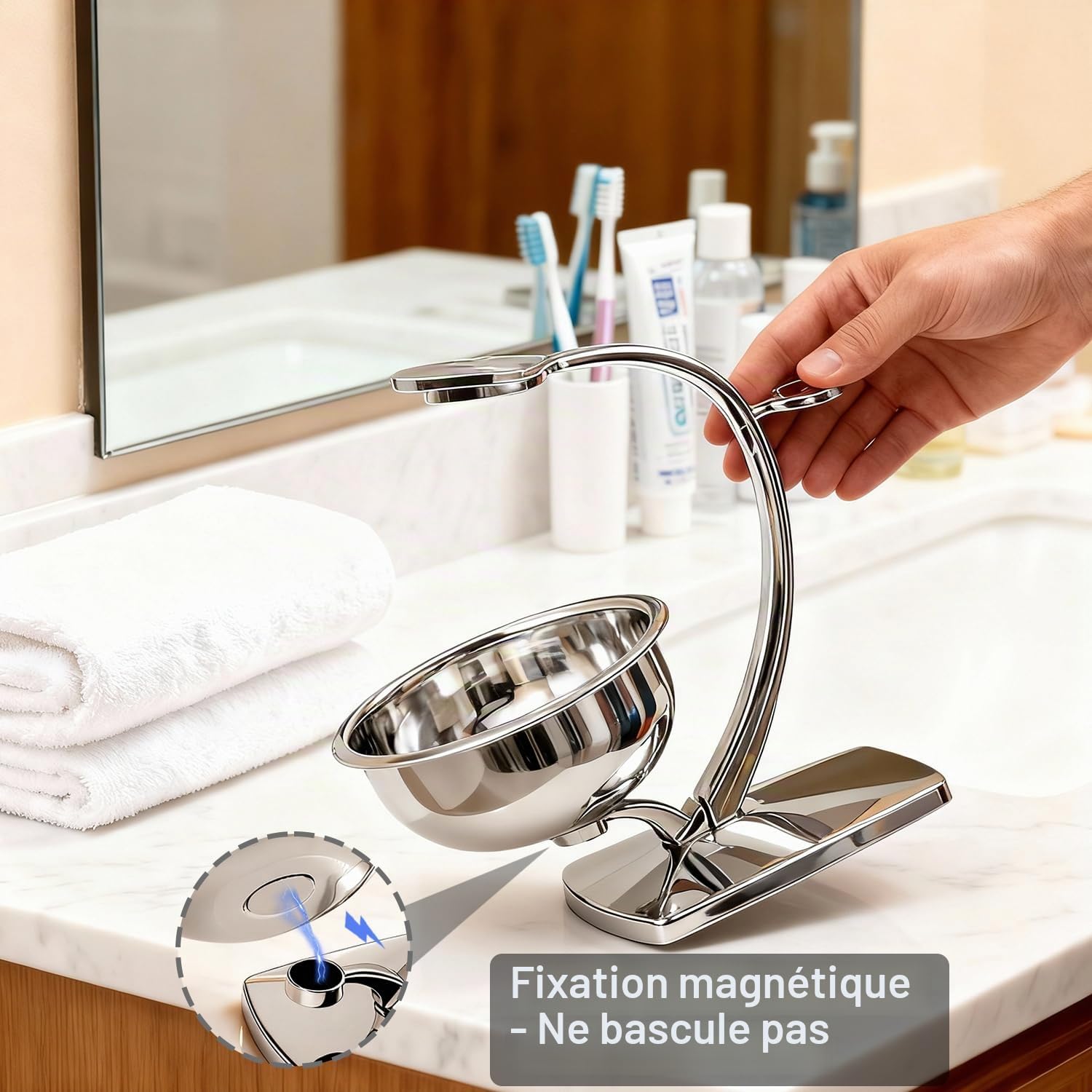 GRUTTI Kit rasage 3-en-1 homme: Bol inox magnétique + Support zinc chromé + Pinceau synthétique poil de blaireau | Hygiénique & Pratique | Ajoutez votre rasoir!