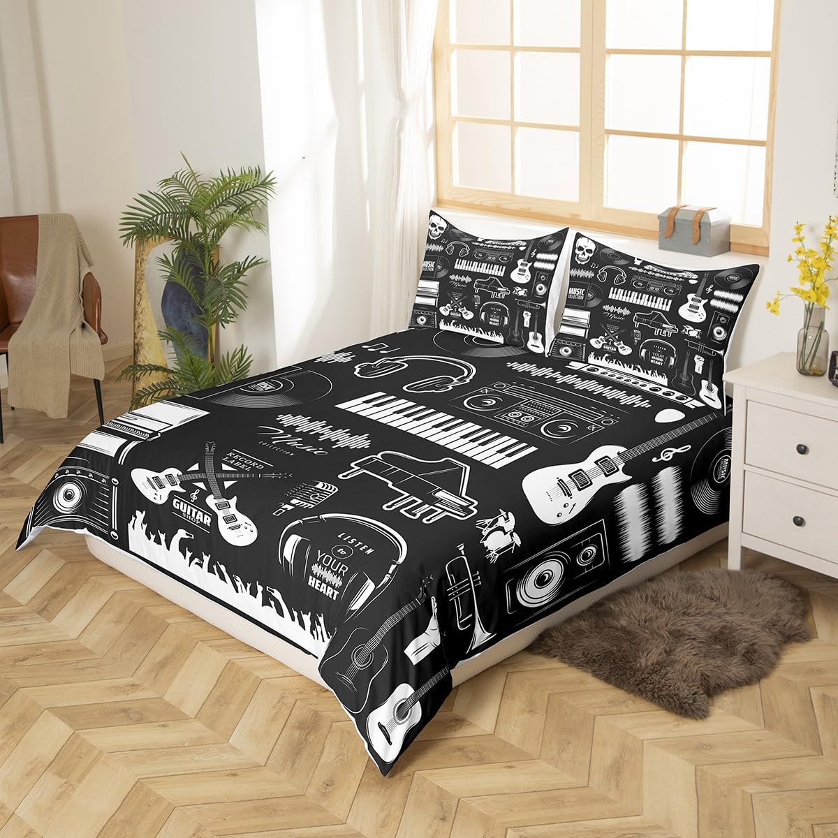 Homewish Bettwäscheset für E-Gitarre, Altes Vinyl-Schallplatten-Set, Vintage-Trompete, Kopfhörer, Bettbezug, Doppelbett, Jazz, Funk, Rockmusik, Bettwäsche-Sets, Hippie-Trommel-Set, Tagesdecke, Schwarz