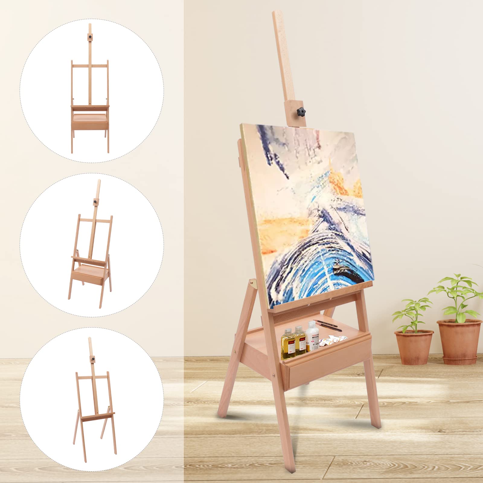 Caballete de arte de pintura de madera de madera portátil artista pintor trípode artista color madera caballete de madera boceto con cajón, altura ajustable 154-198cm pintura arte caballete