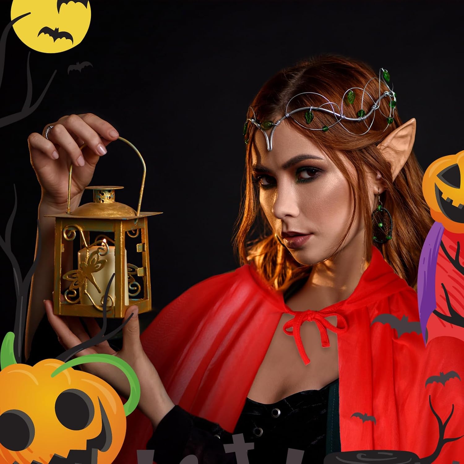 Janmercy 10 Pcs Halloween Red Cloak with Hood Vampire Cap Elf Ear Women Men