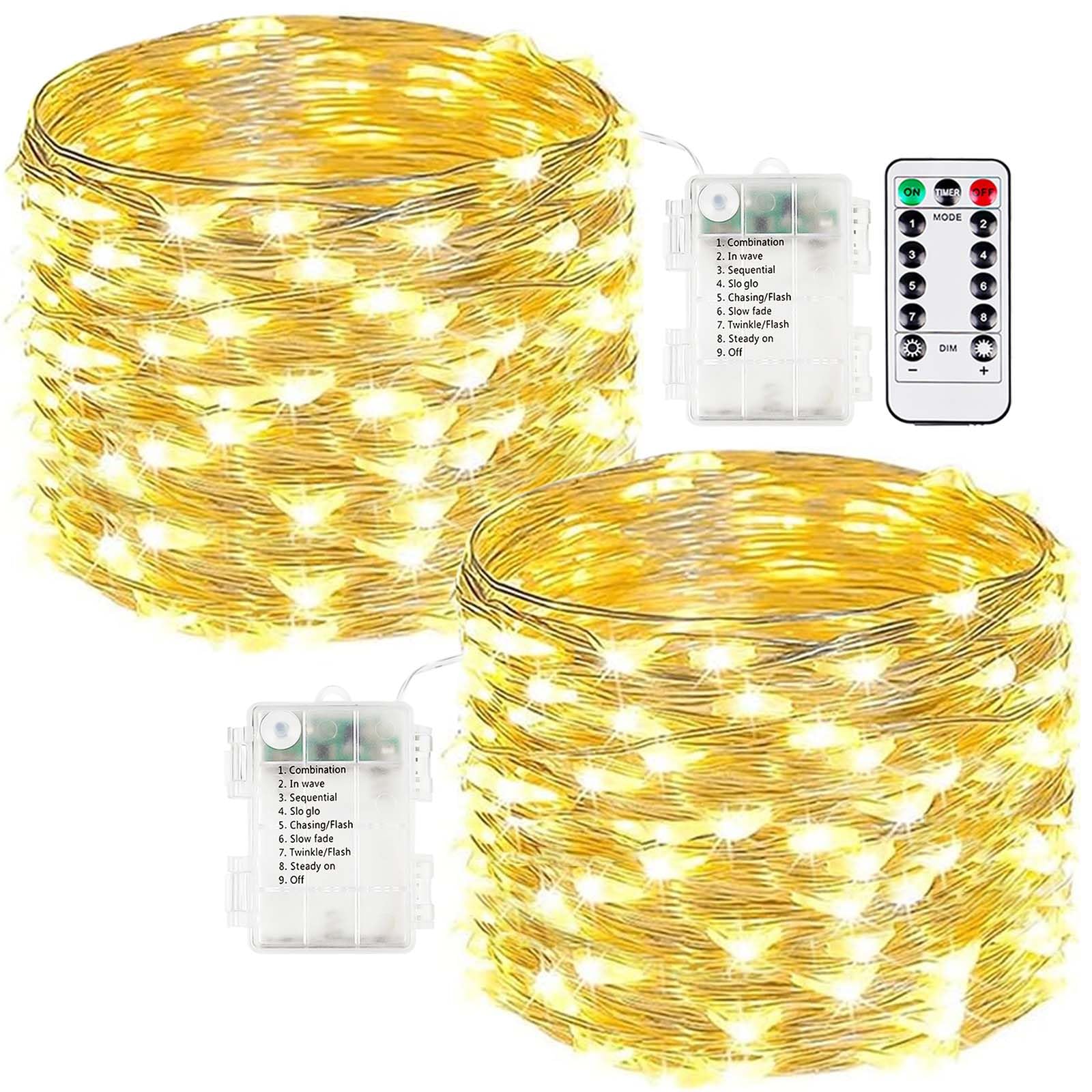 Paquete de 2 luces de hadas que funcionan con pilas con control remoto, impermeables de 33 pies, 100 luces LED para exteriores e interiores, 8 modos de luces parpadeantes con temporizador para