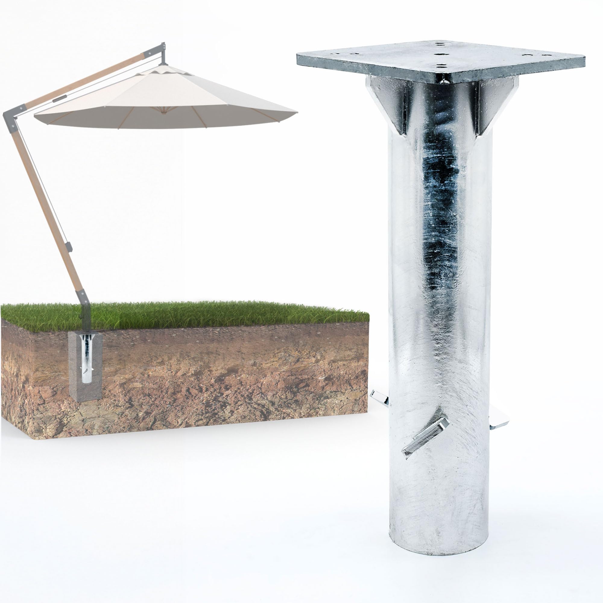 Osoltus Sonnenschirm-Bodenanker | Einbetonierbare Bodenhülse mit Sicherheits-Haken feuerverzinkt