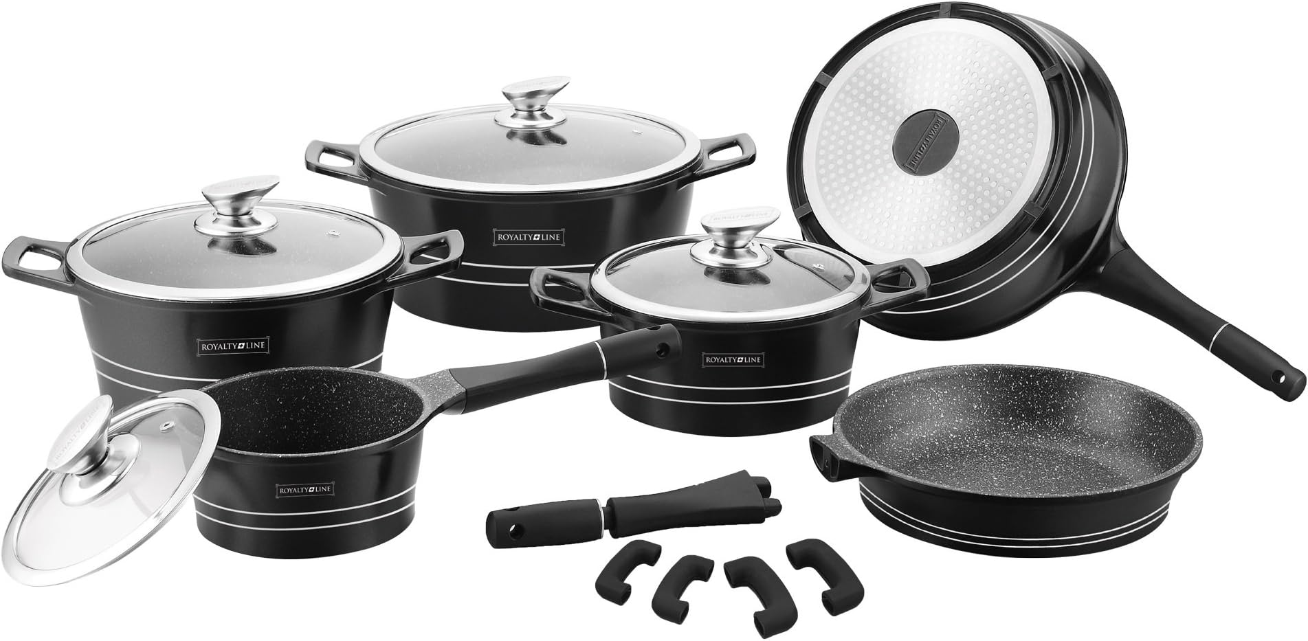 Royalty Line Switzerland 14–Piece Saucepan Set, Suitable for Induction Cooking Ceramic Non Stick 5Colours BLACK