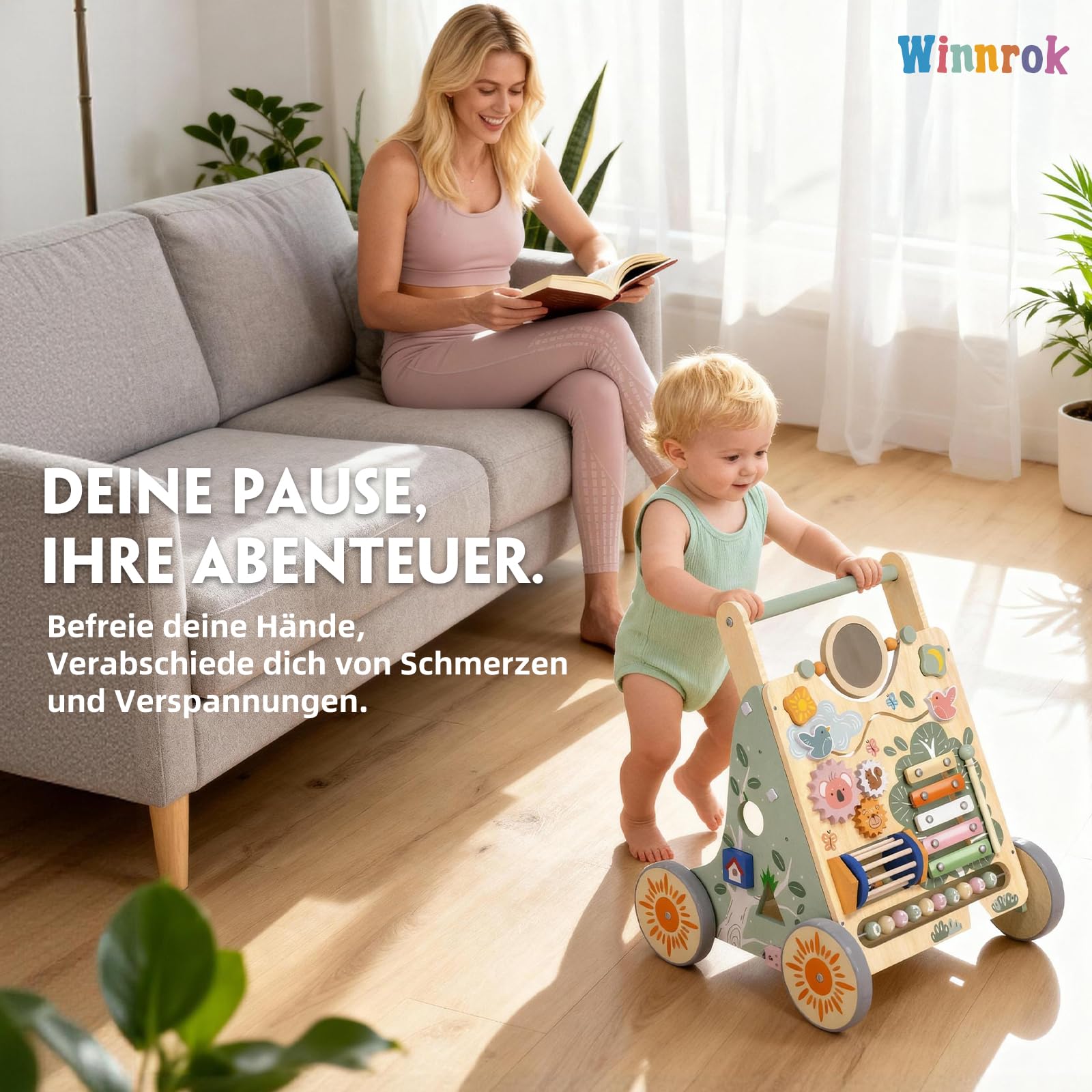 Baby Lauflernwagen Holz, Baby Lauflernhilfe Höhen- und Geschwindigkeitsverstellbar, Montessori Spielzeug ab 1 Jahr, Baby Walker für Jungen und Mädchen, Geschenk zu Weihnachten und Geburtstag