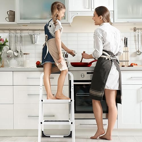 Miniatura 6 de HBTower Escalera de 2 escalones, taburete de 2 escalones para adultos, taburete plegable de 2 escalones con mango acolchado, capacidad de 330