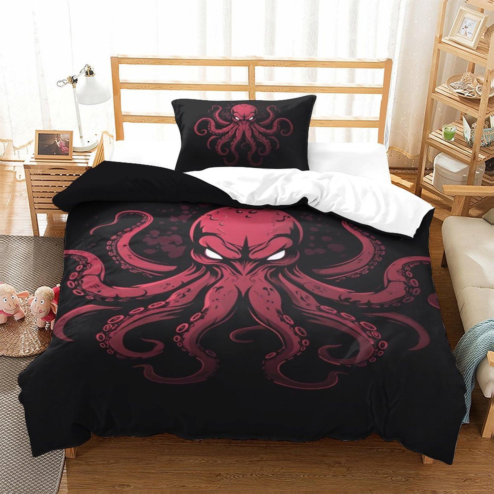 Parure de lit 135x200cm pieuvre ado housse de couette microfibre et taies d'oreiller