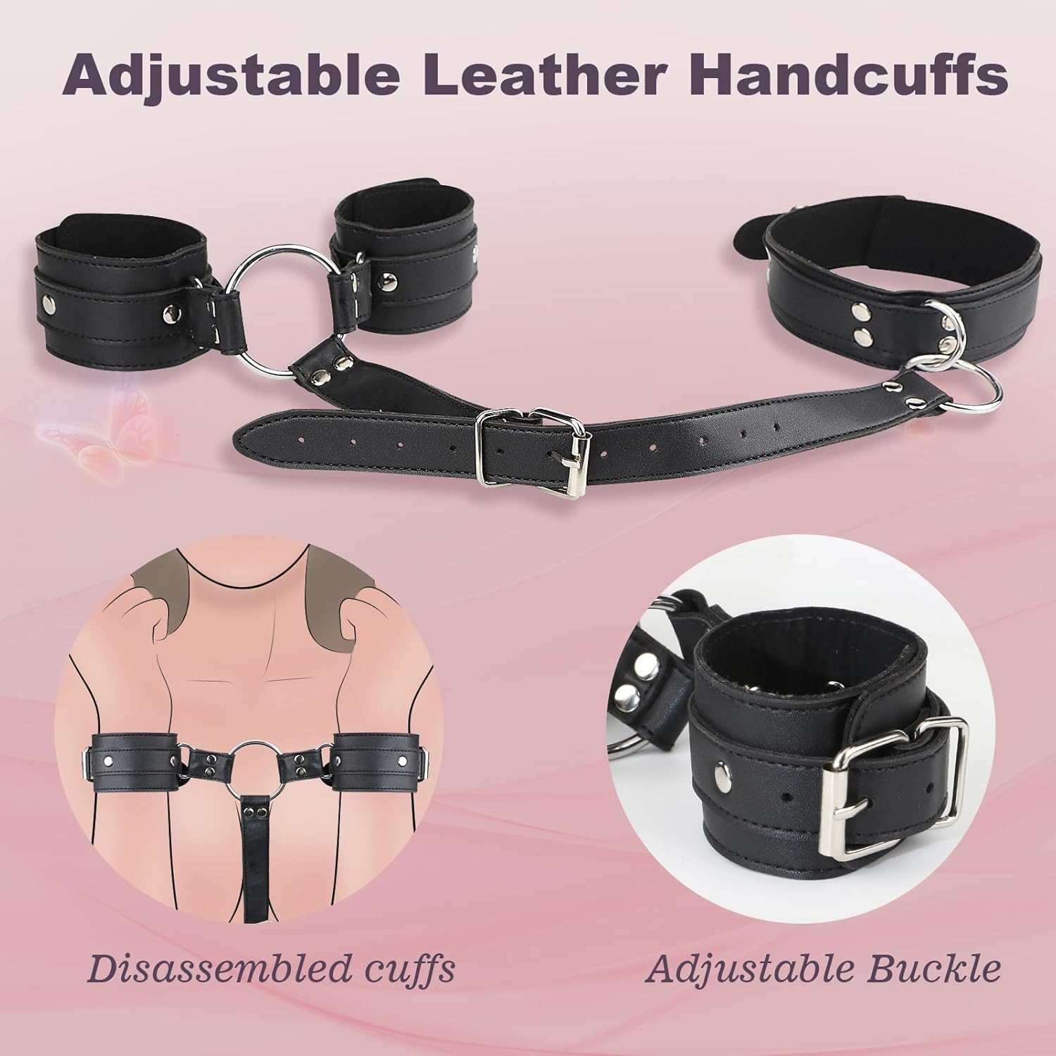 Ensemble de Bondage en Cuir Noir, Collier et Menottes Réglables, Kit de Contrainte pour Couples