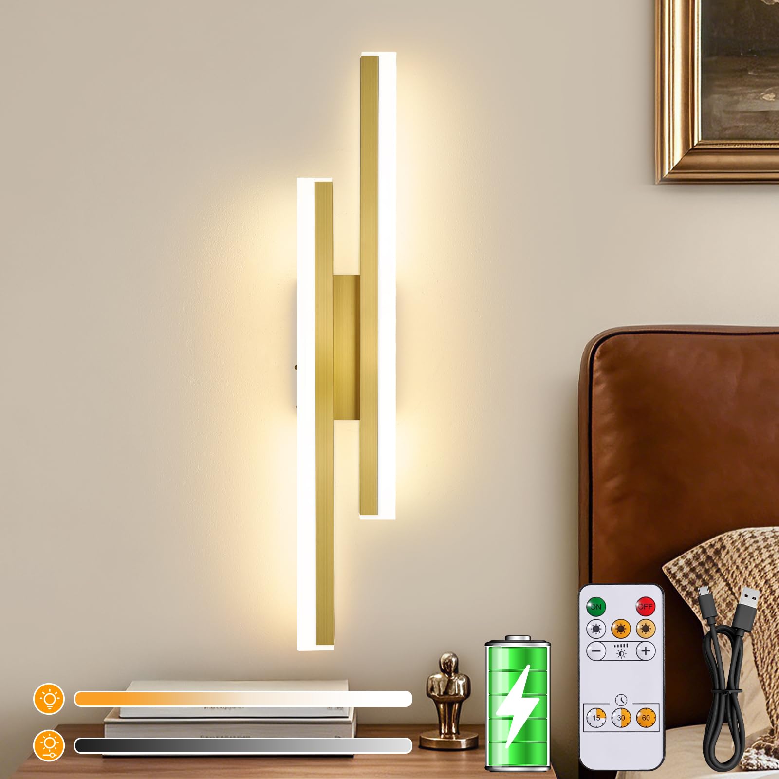 Dehobo Rechargeable Wall Light Indoor with 3CCT, Gold Battery Wall Light