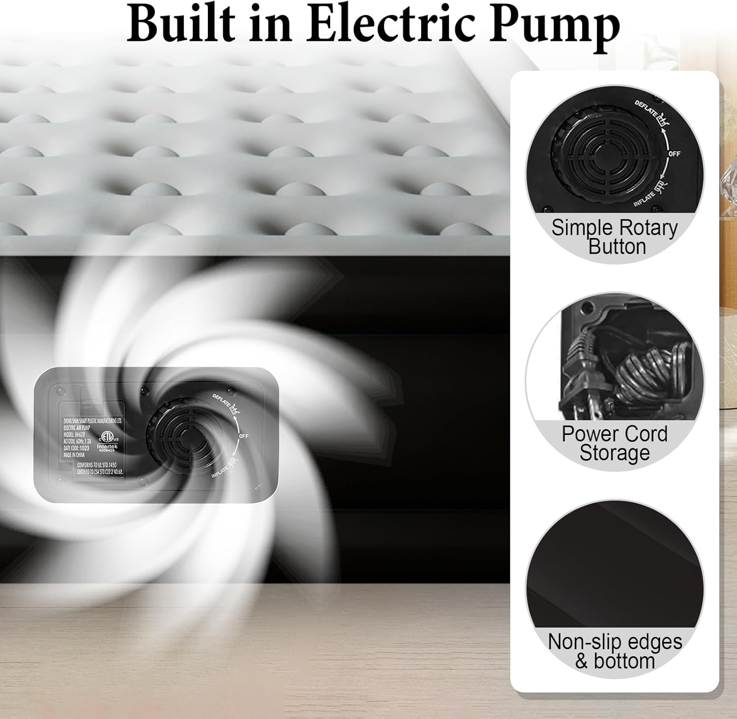 Full Air Mattress with Built in Pump, Inflatable Mattress for Home, Blow up Air Bed 3 Min Quick Inflation and Deflation, Thin Velvet Top, 18'' Full Size Gray