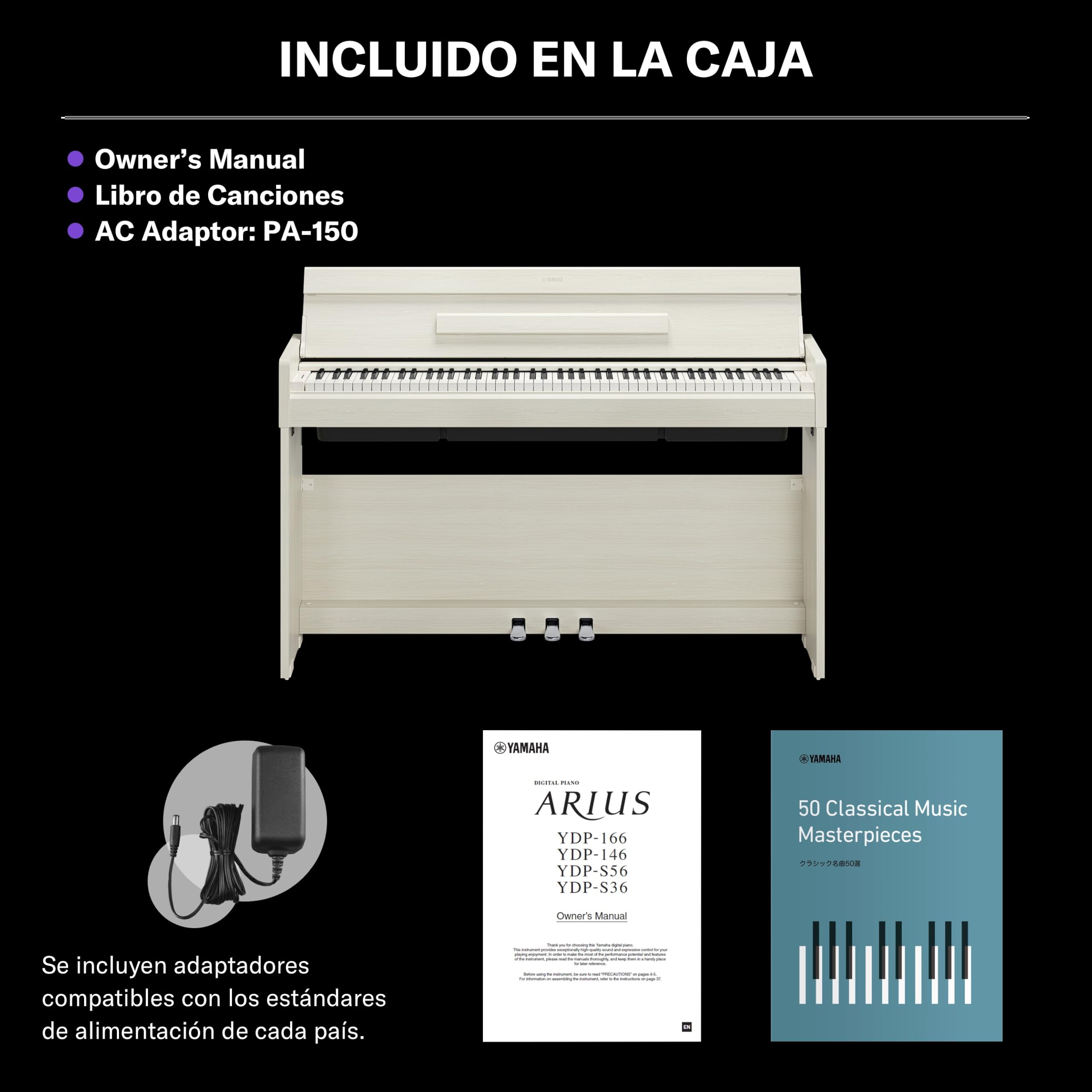 YAMAHA YDP-S36 Piano Digital – 88 Teclas Contrapesadas GHS, Sonido CFX Concert Grand, Diseño Slim, Bluetooth, 3 Pedales, Ideal para Casa y Principiantes – Abedul Blanco