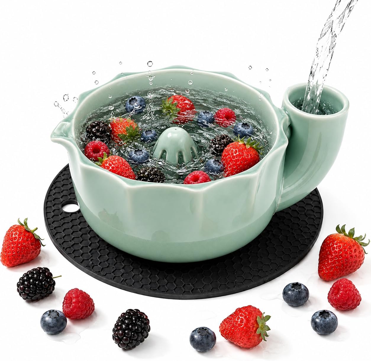 Self Spinning Ceramic Berry Washing Bowl, 360° Vortex Fruit Washer Colander with Drain Holes, Fruit Rinser for Berries Grapes Cherry Tomatoes