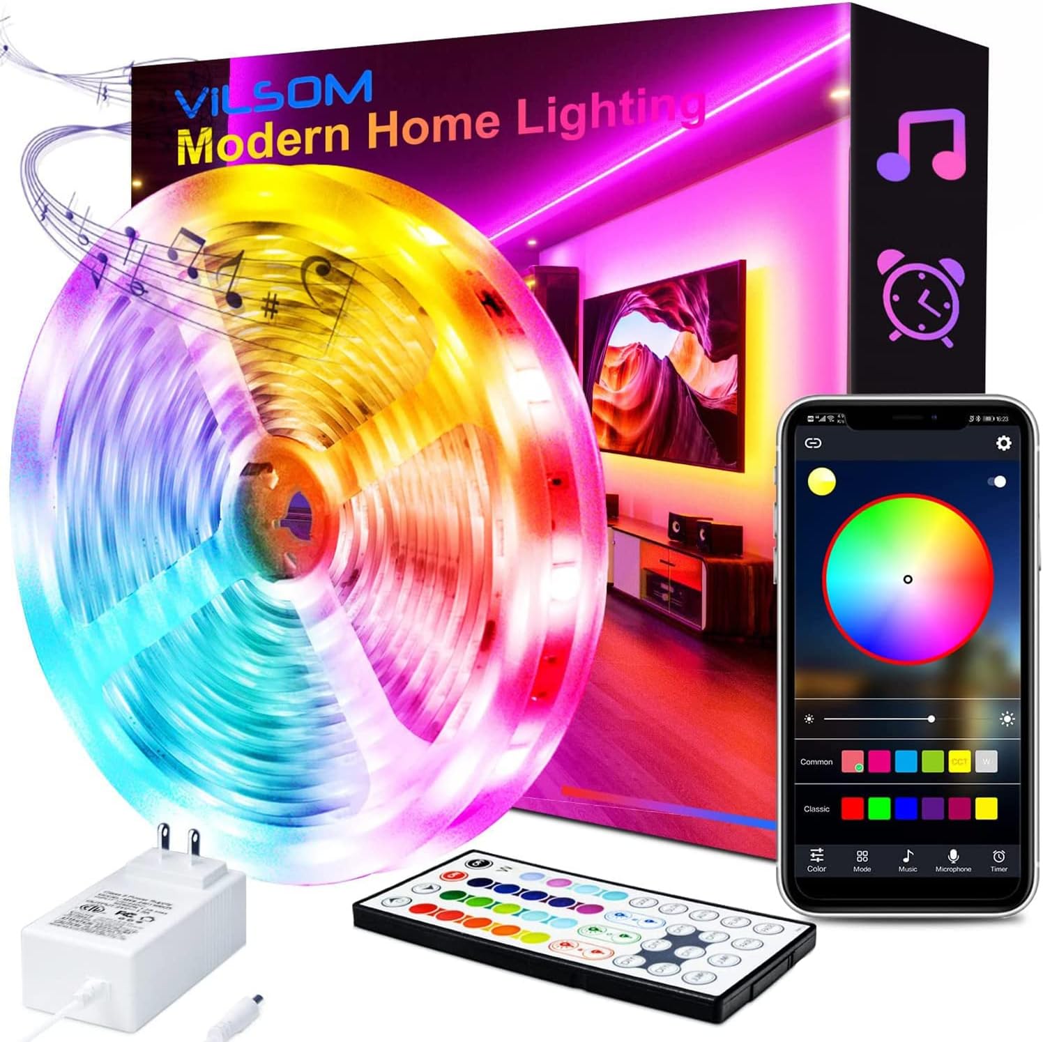 ViLSOM 50FT LED Strip Lights, 1 Roll Bluetooth App and Remote Control RGB LED Light Strips, Music Sync Color Changing LED Lights for Bedroom, Living Room, Kitchen, Party, Home Decoration