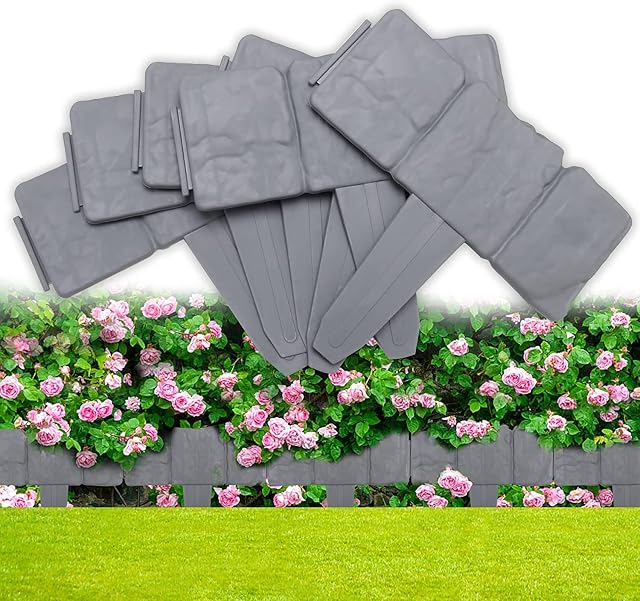 10M Grey Cobbled Stone Effect Garden Lawn Edging ,Plant Bordering , Plastic Fence for Landscape Border ,Decorative Flower Bed& Grass , Interlocking Lawn Edge for DIY Outdoor Patio Balcony Yard 40 Pcs